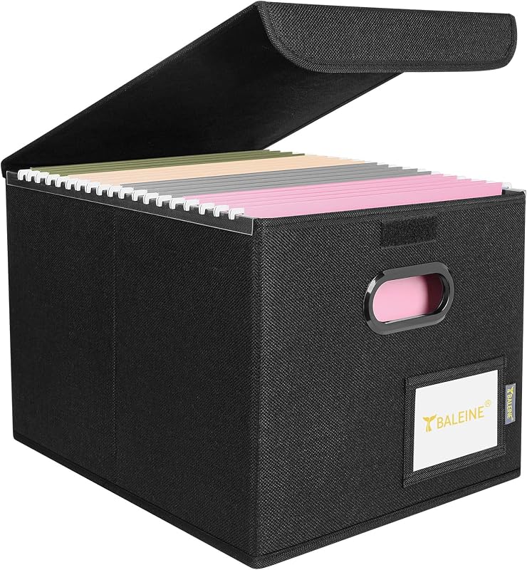 BALEINE File Organizer Box with Lid, Collapsible Hanging File Storage Box | Smooth Plastic Rails, Textured Fabric Exterior, Collapsible Hanging File Folder Box for Office Document Storage