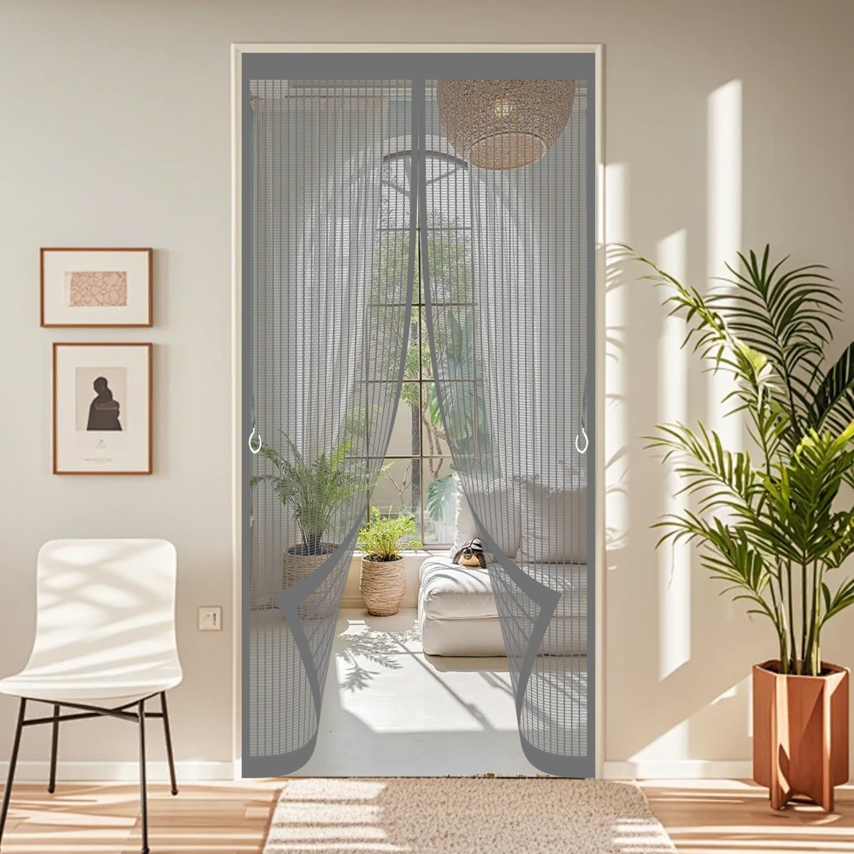 Magnetic Screen Door 91 x 212 cm Powerful Magnets, No Drill Installation, Automatically Closes, for Keeping Out Flies & Bug Heavy Duty Self-Sealing Mesh for Patio Doors Balcony, Grey