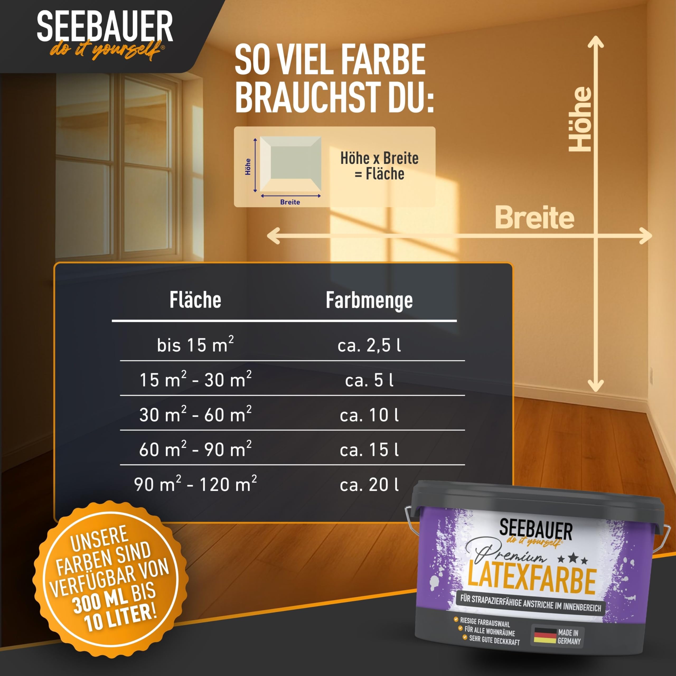 Latexfarbe Schwarz für Innen 5L (No. 100 Black Pearl) - Seidenmatte Innenfarbe für Putz, Beton & Mauerwerk - Abwaschbare Wandfarbe für Küche & Bad