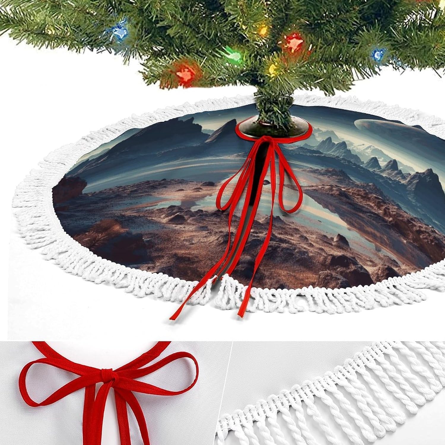 Christmas Tree Skirt Cute Xmas Trees Mat Skirts Personalization Christmas Round Tree Skirts for Holiday Party Decorative Supplies Alien Planet