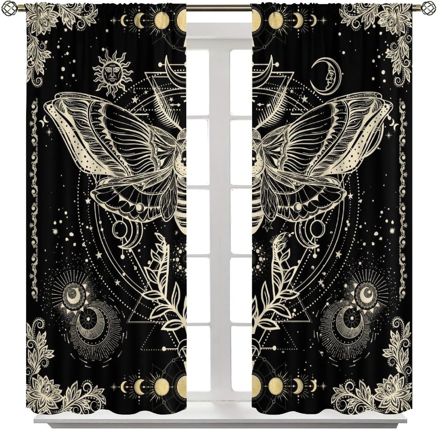 Baroque Moon Phase Curtains, Golden Black Gorgeous Geometric Star Floral Moth Butterfly Pattern Window Treatments, Blackout Rod Pocket Drapes for Living Room Bedroom Bathroom Kitchen 72x63in