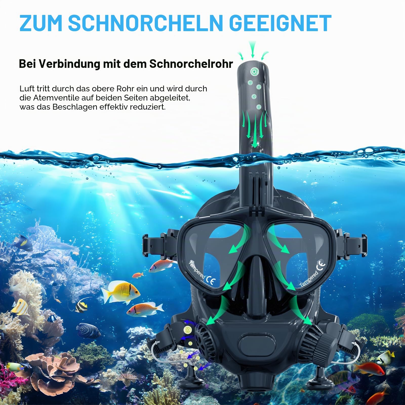 SMACO Vollgesichts Tauchmaske unterstützt Tauchen und Schnorcheln Verstellbare Tauchmaske mit Kamerahalterung, bietet 180°-Panoramablick, kompatibel mit SMACO 1L/1,9L Mini-Tauchflaschen