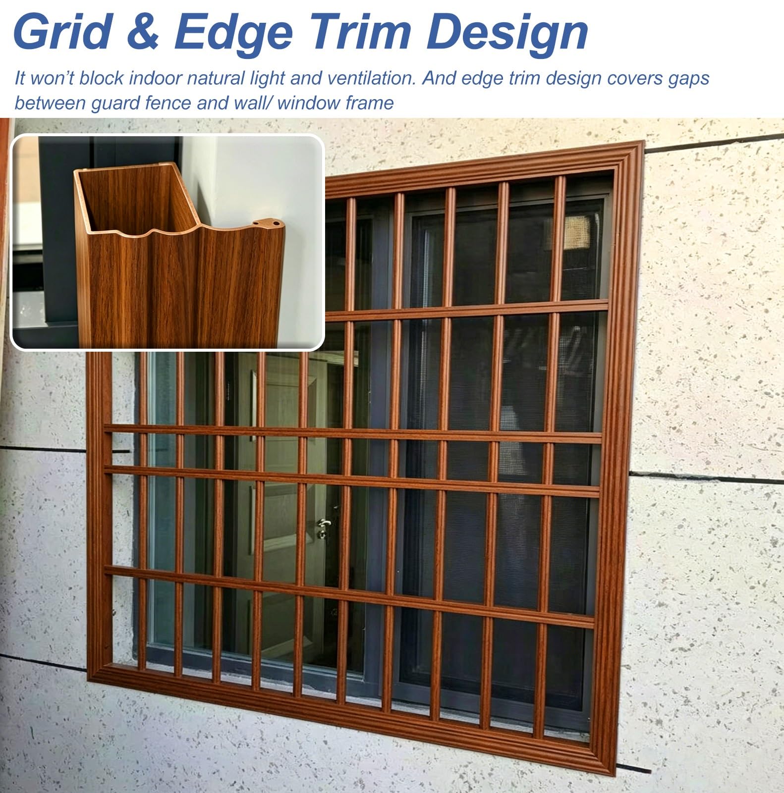 Inferriate per Finestre Griglie di Sicurezza Vintage Effetto Legno, Inferriate Fisse Antieffrazione Finestre Larghezza 100 110 120 cm, Recinzione Protettiva Personalizzabile(W60xH85cm/24x33in)