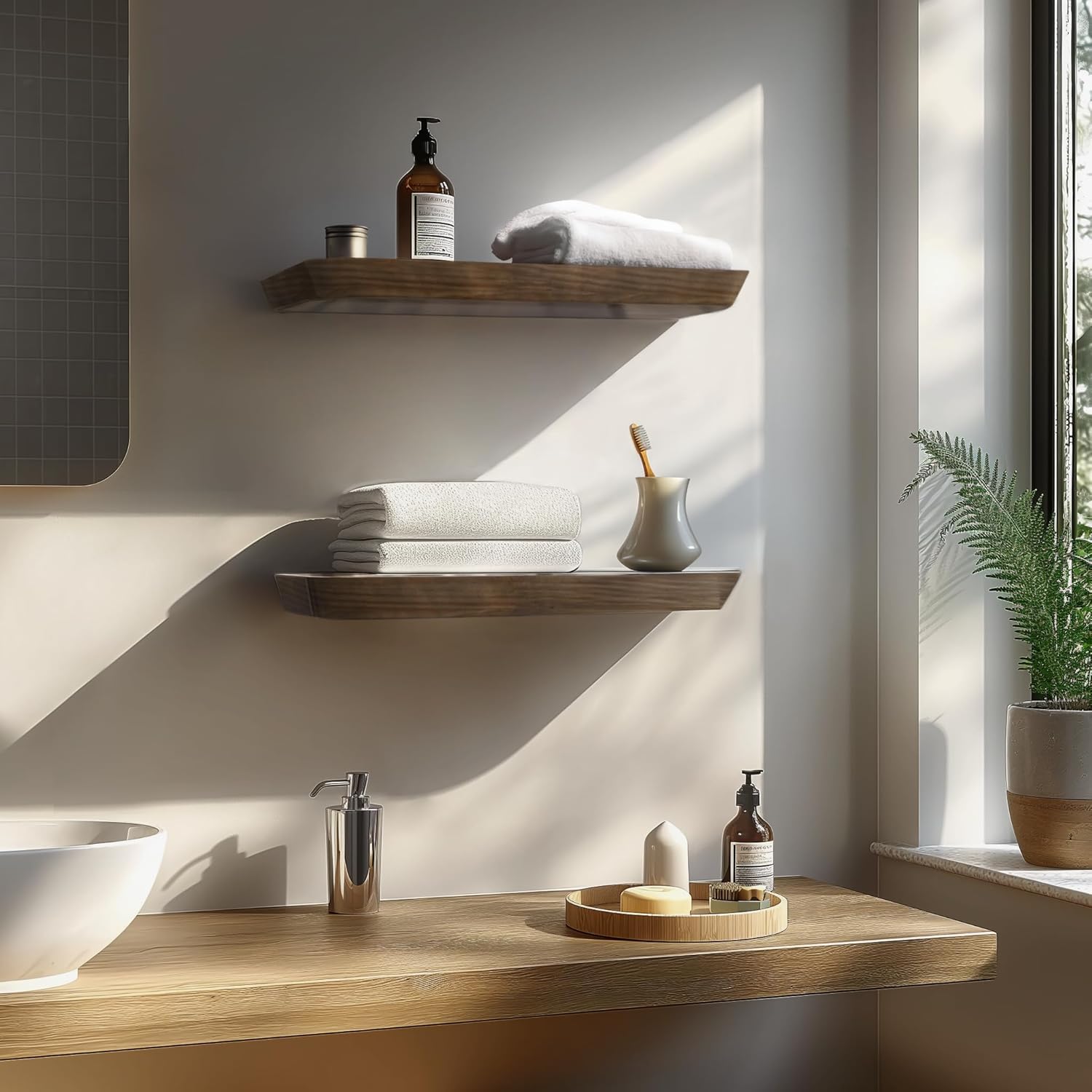 wood floating shelves for wall 16 inch (set of 2) - floating bathroom shelves for room wall- small wall mounted shelf for bedroom kitchen living room - 8 inch deep, american walnut, matte american walnut, matte 16" x 8" x 1.6"