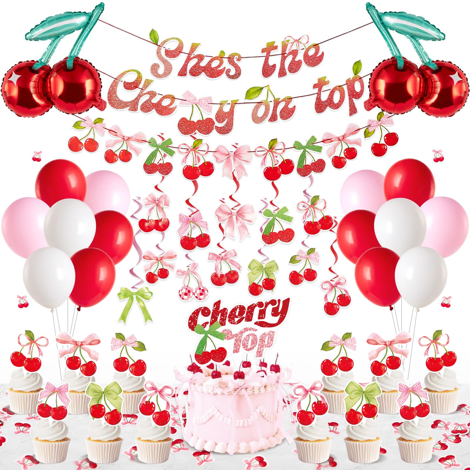 SUNBEAUTY 49Pcs Red Pink Birthday Decorations, Cherry Party Decoration Set Pastel Cherry Bow Balloons Banner Hanging Decoration Cupcake Toppers for Baby Shower Bridal Wedding Berry First Birthday