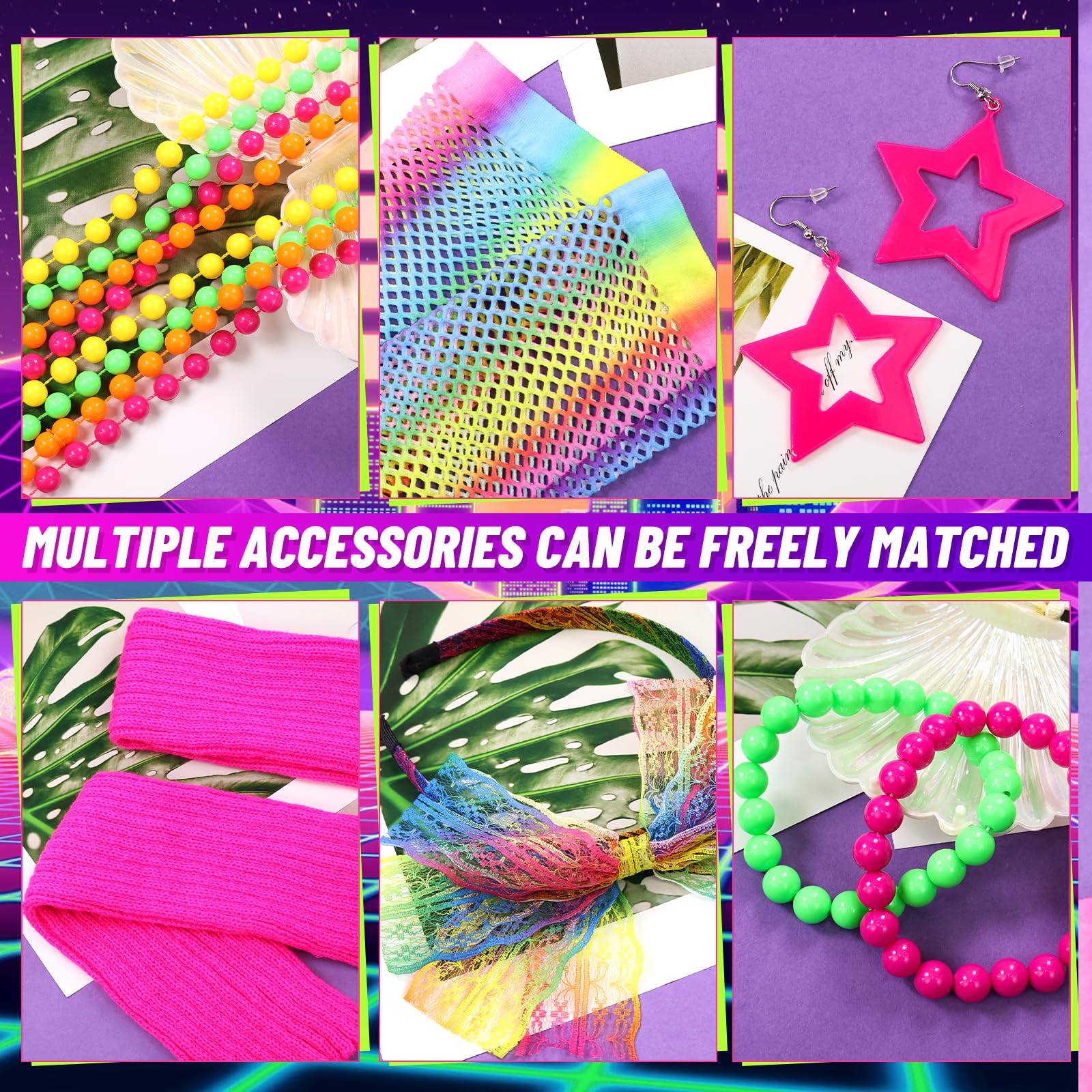 80s Costume Accessories Set for Girls 21Pcs 1980s Fancy Dress Outfit with Tutu Skirt Fishnet Gloves Leg Warmers Bow Headband Necklace Bracelets Glasses for Kids 1980s Theme Party (color - Image 4