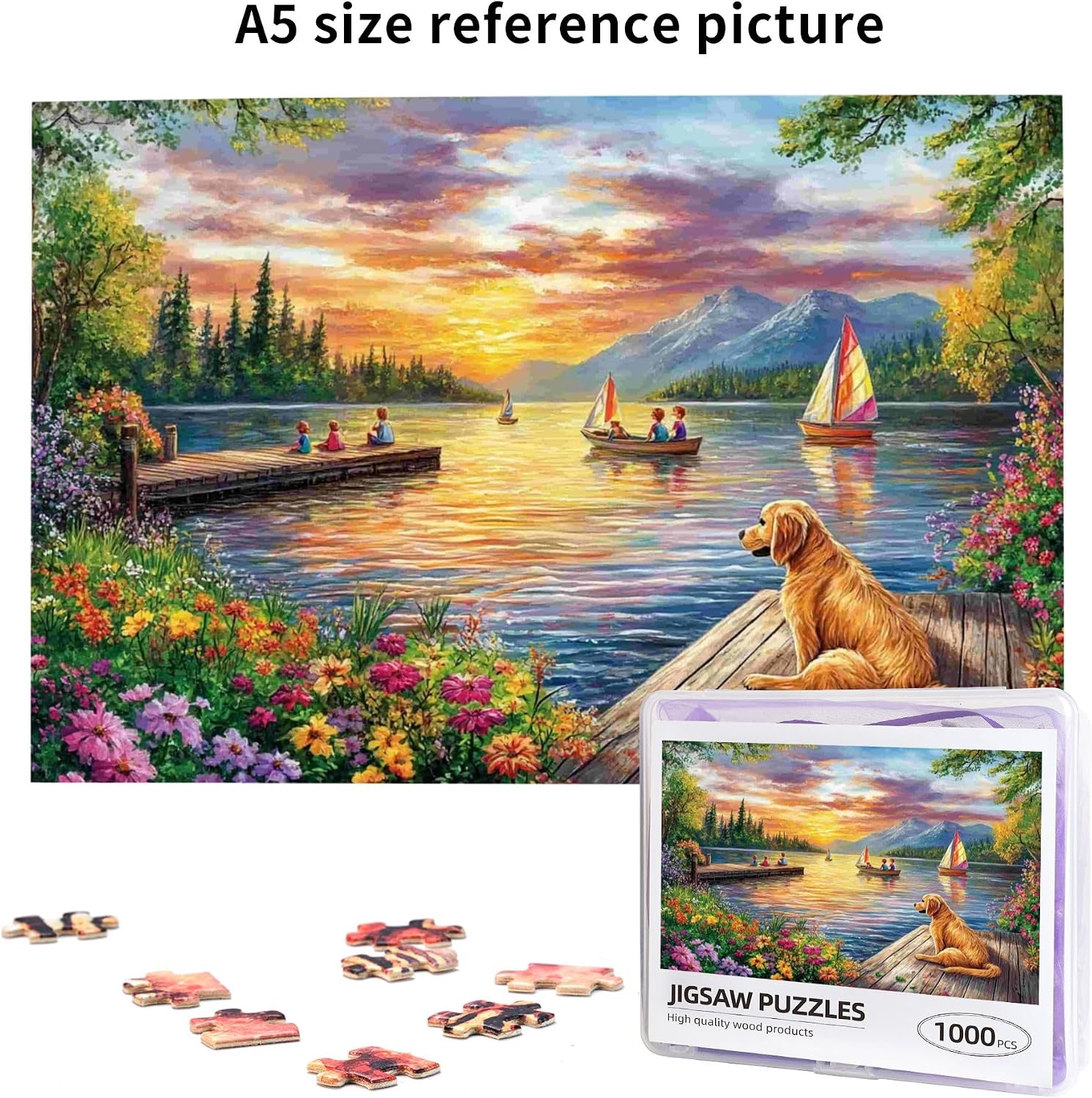 1000 Piece Lake Sunset Puzzle for Adults – Golden Retriever Watching Sailboats at Floral Dock, Scenic Nature Jigsaw, 29.7x19.5in Wooden Puzzle