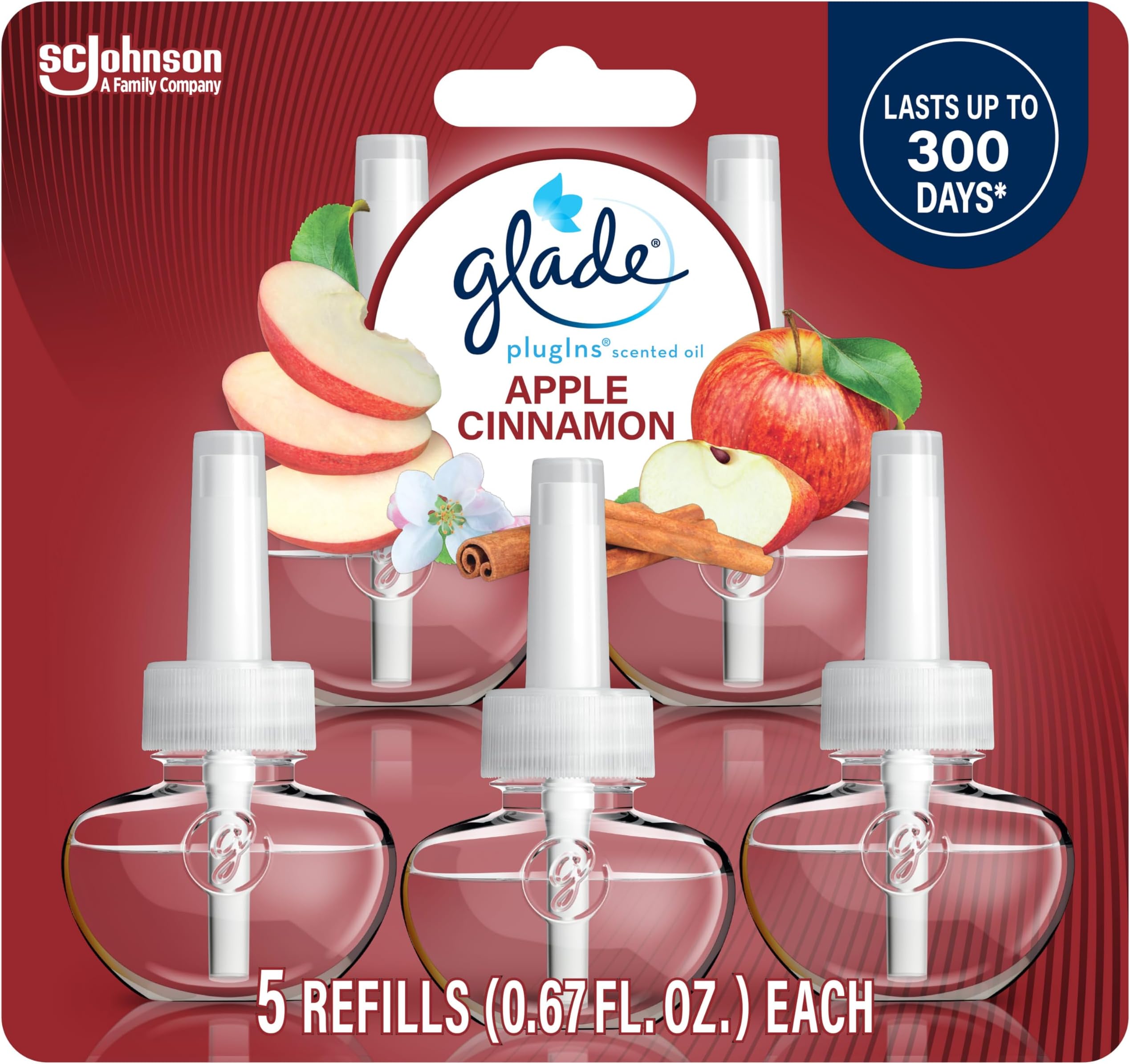 PlugIns Refills Air Freshener, Scented and Essential Oils for Home and Bathroom, Apple Cinnamon, 3.35 Fl Oz, 5 Count