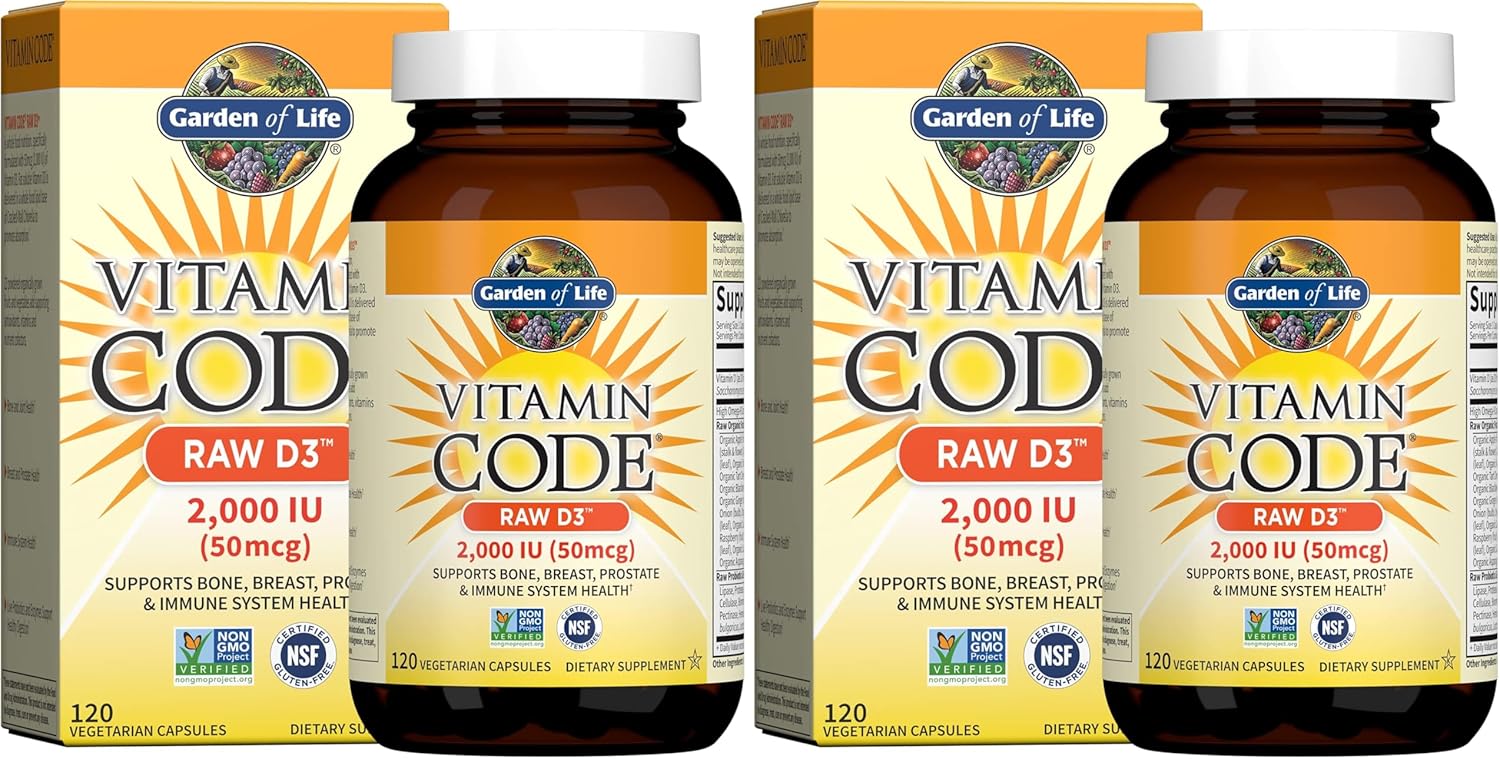 Garden of Life Vitamin D,Vitamin Code Raw D3,Vitamin-D 2,000 IU,Raw Whole Food D3 Supplements with Chlorella,Fruit,Veggies & Probiotics for Bone & Immune Health,120 Vegetarian Capsules,(Pack of 2)