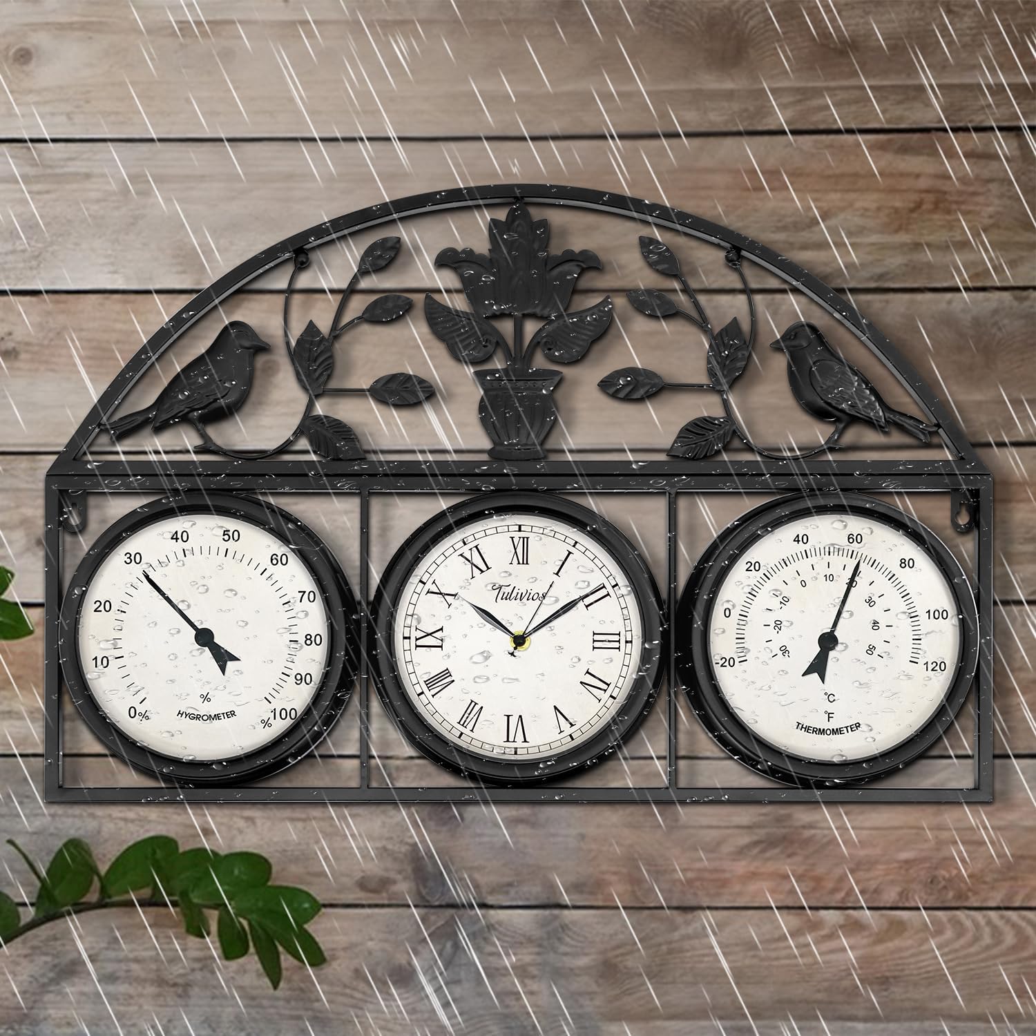 26Inch Large Outdoor Clock,Waterproof Wall Clock with Thermometer and Hygrometer Combo,Weatherproof Non-Ticking Battery Operated Decor Clock for Patio,Garden,Pool,Porch,House Warming Gifts