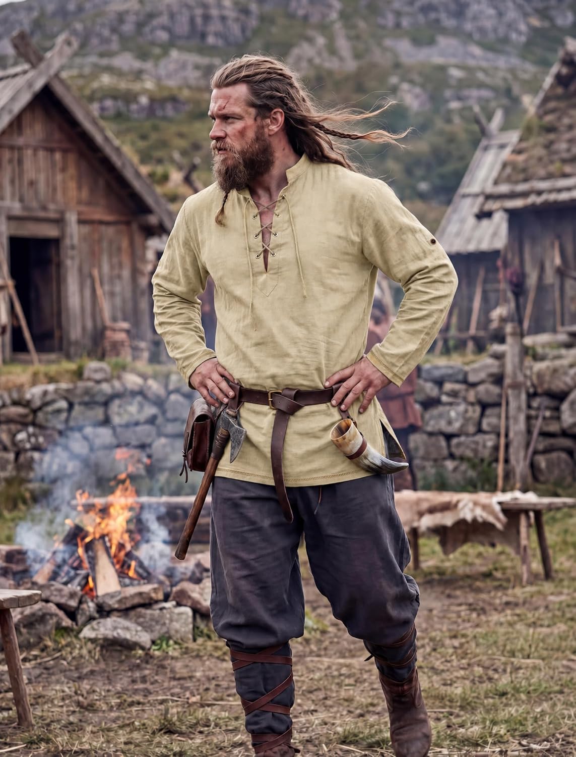 CTU Men's Lace up Shirt Embroidery Tops Viking Pirate Renaissance Costume