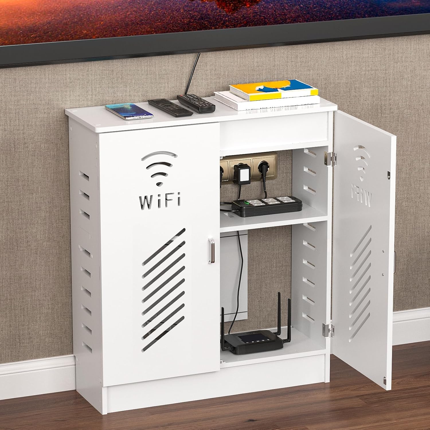 WiFi Router Aufbewahrungsbox, PVC Drahtlose Router Lagerung Schrank | Weiß mit Verstellbaren Regalen, 50X70X25CM, Für Büro und Haus
