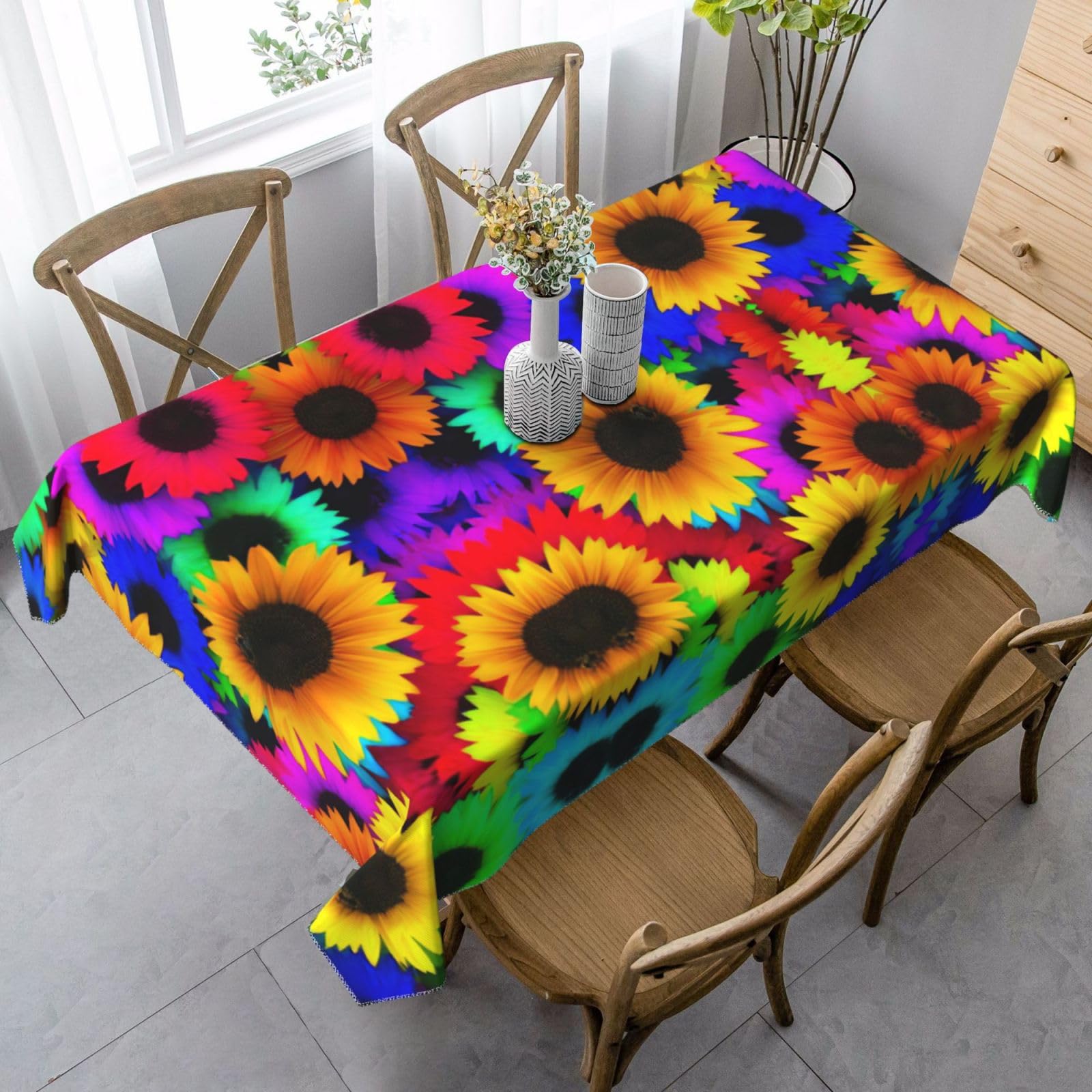yagDAA Rainbow Sunflower Print Rectangle Tablecloth Table Cover Indoor Outdoor Dining Room Kitchen Table Cloth 140x90cm