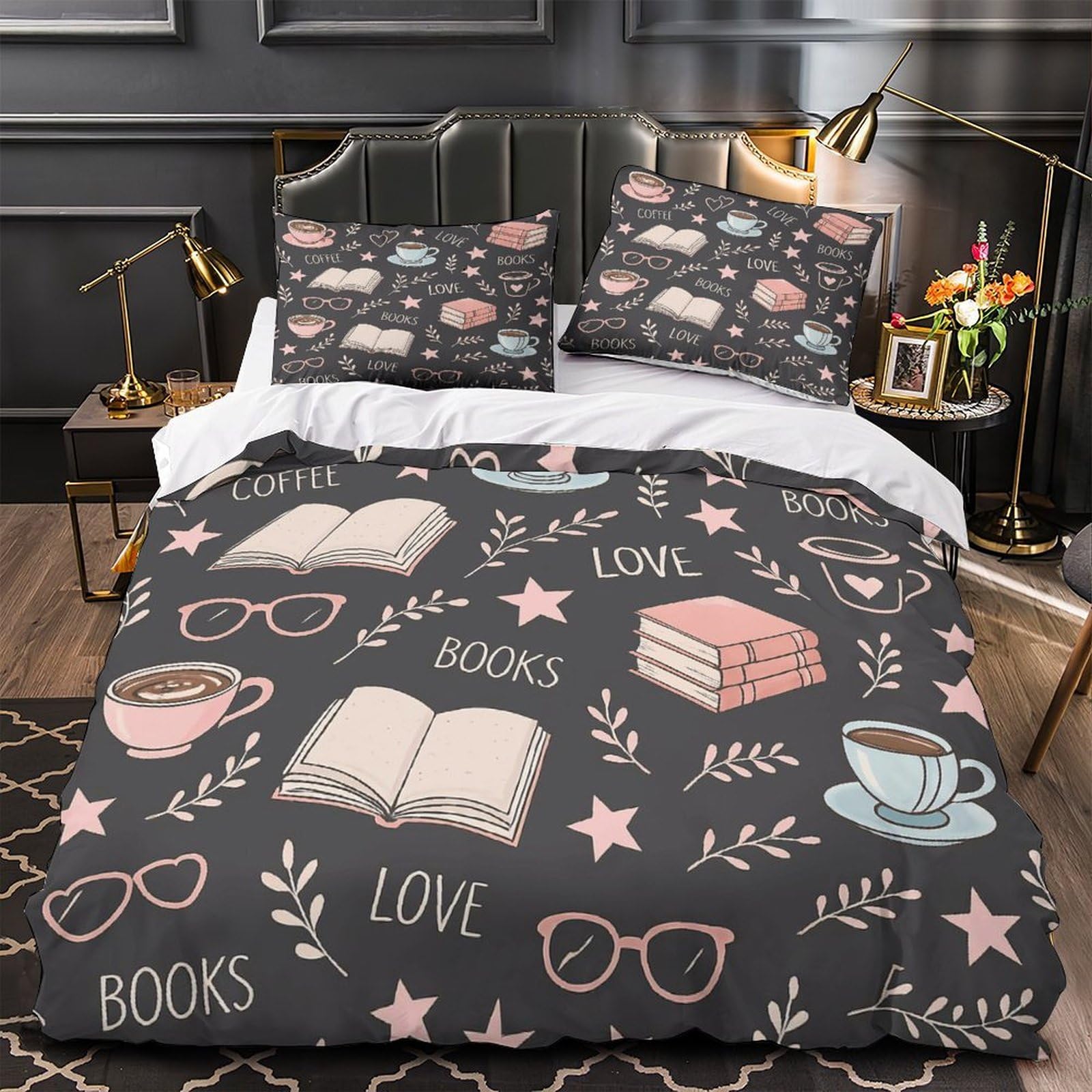 Housse de couette tasses à café 140x200cm en microfibre douce avec fermeture éclair pour lit simple