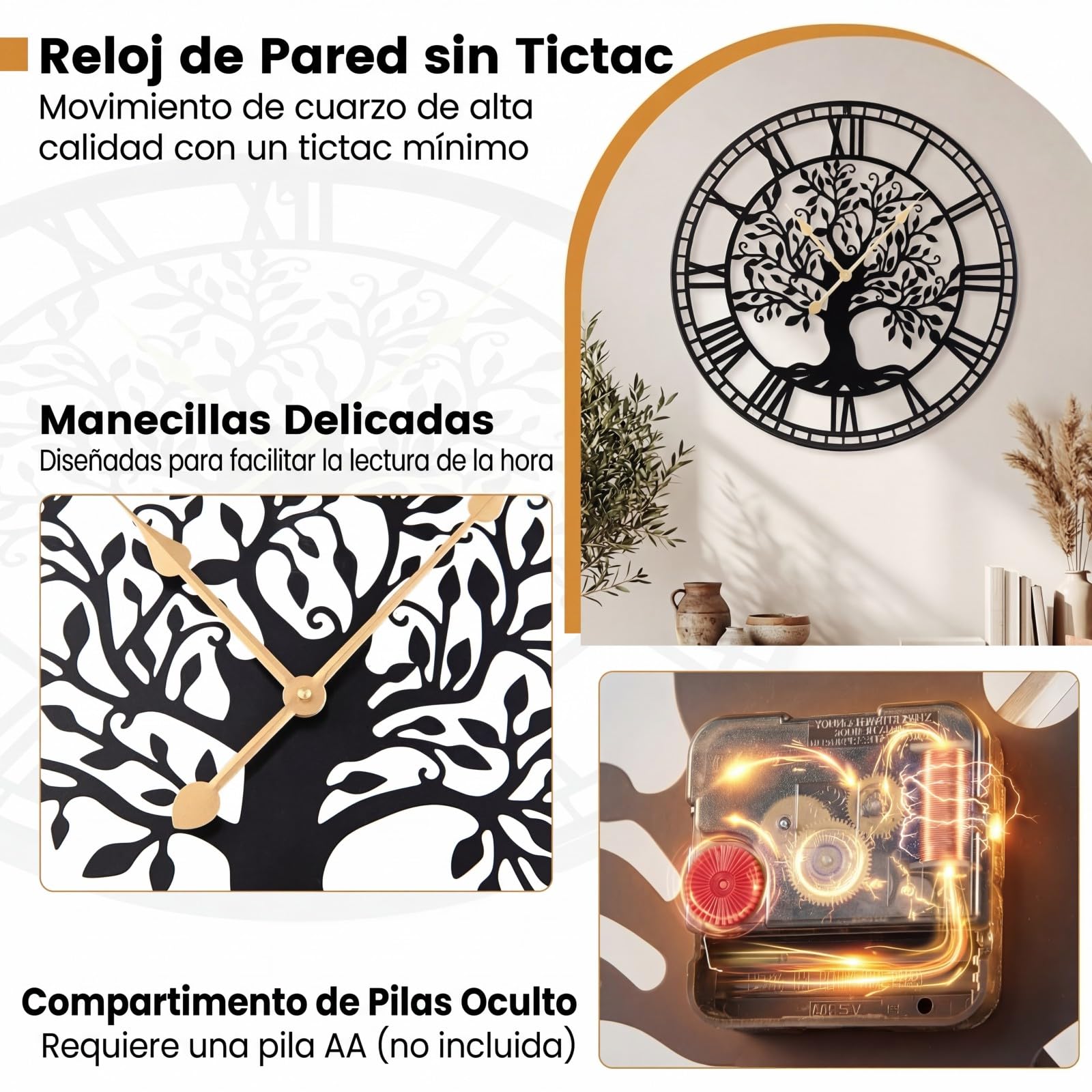 COSTWAY Reloj de Pared Grande para Salón, 68 cm Reloj Decorativo Silencioso en Forma de, Estructura de Metal, Decoración de Pared a Pilas para Salón, Dormitorio y Cocina, Negro (Árbol de la Vida)