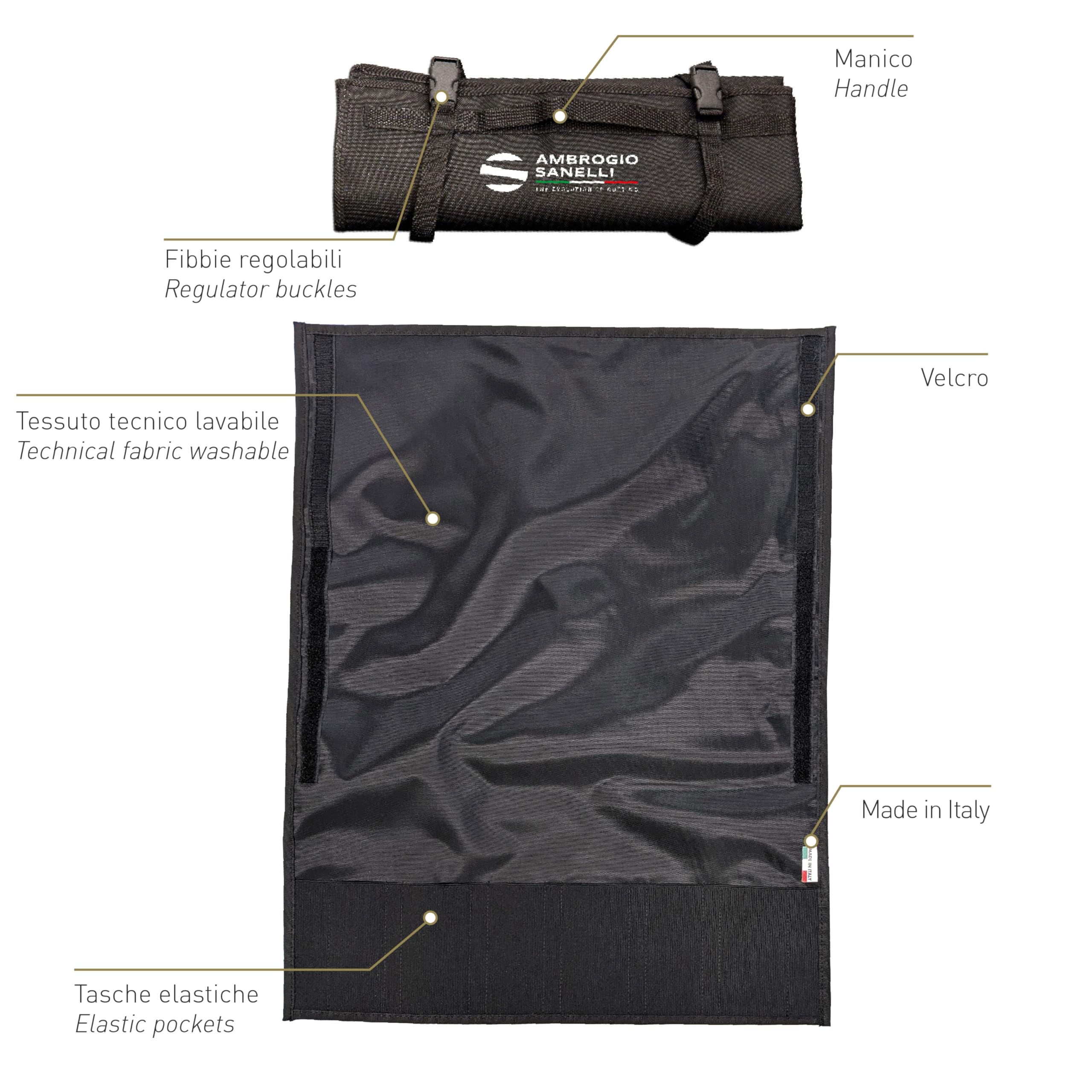 Ambrogio Sanelli - Rollo porta cuchillos Chef, funda para 6 cuchillos/accesorios, apto para cuchillas de hasta 30 cm, 2 hebillas ajustables y asa de transporte, práctico y seguro, 48 x 62 cm