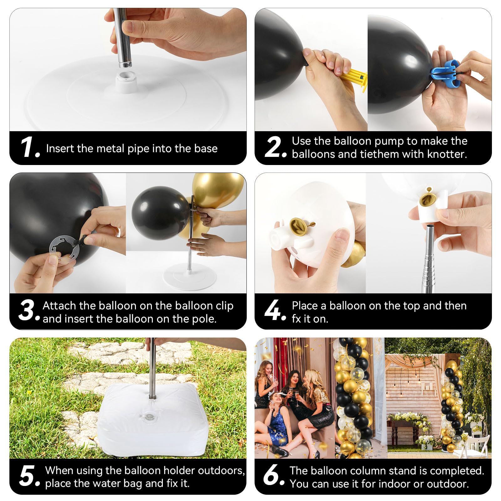 2 Sets Schwarz Gold Ballon Säulenständer Kit mit 102 Luftballons Verstellbarer Ballonturm Ständer mit Basis für Boden Gold Konfetti Ballons Säulen-Kit für Abschlussfeier Geburtstag Wertschätzung Party