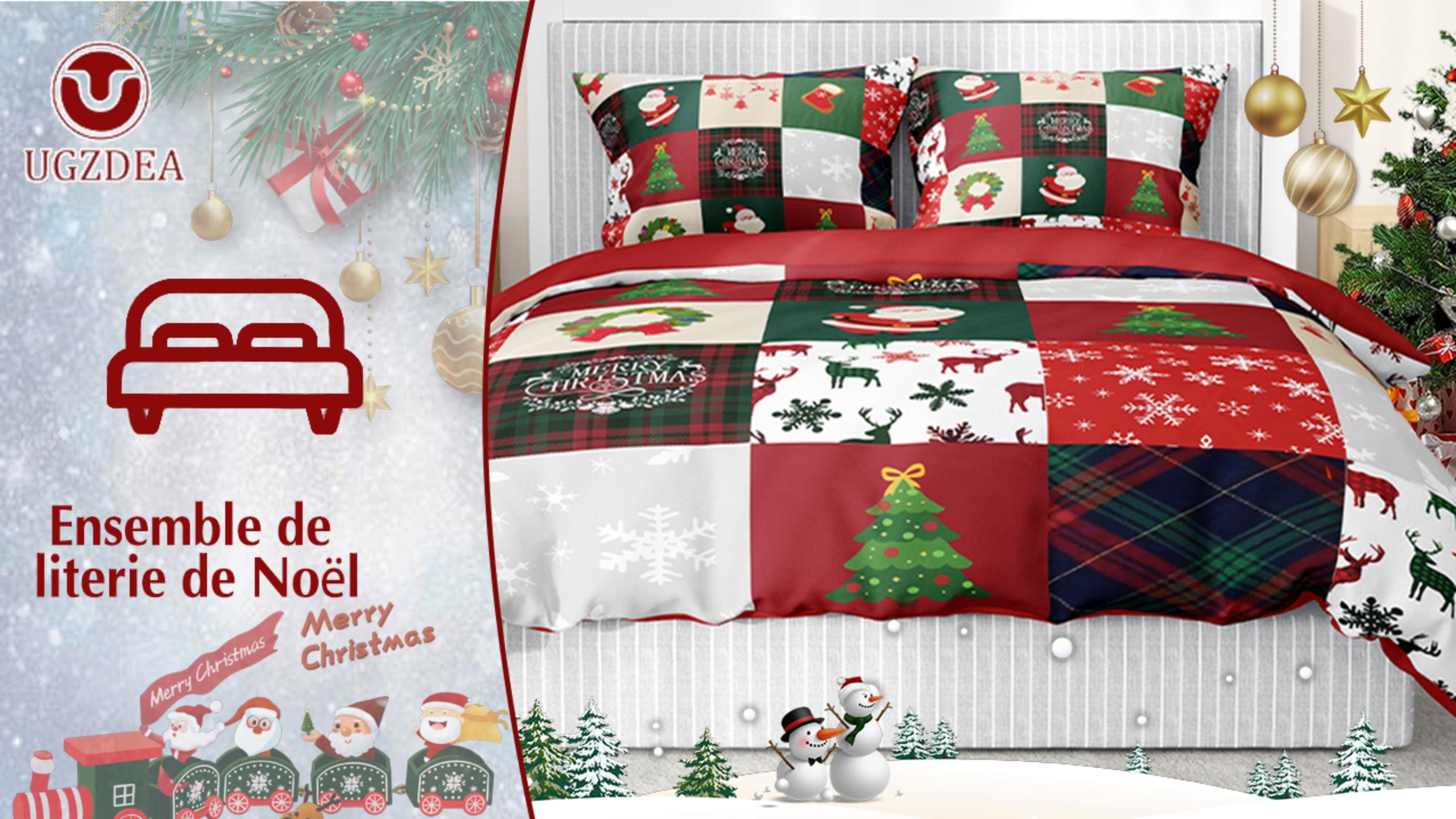 Housse De Couette Noël 220x240cm Avec 2 Taies D'oreiller - Motif Père Noël, Cerfs, Arbre De Noël 3D - Microfibre Douce - 11