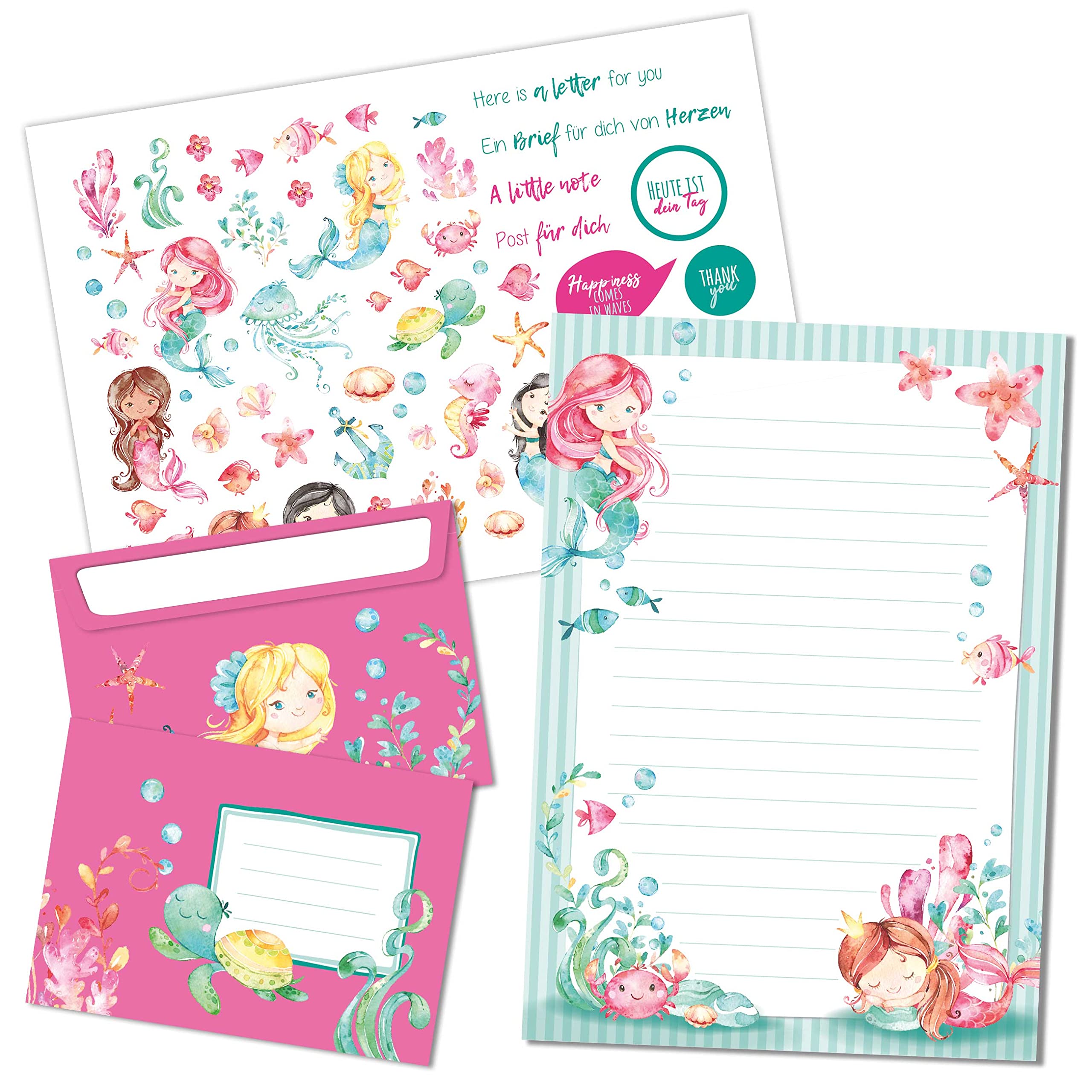 Papierdrachen Set di Blocchi per Lettere - 50 fogli colorati stampati - Carta da lettere con adesivi - 20 buste - Idea regalo per bambini Sirena