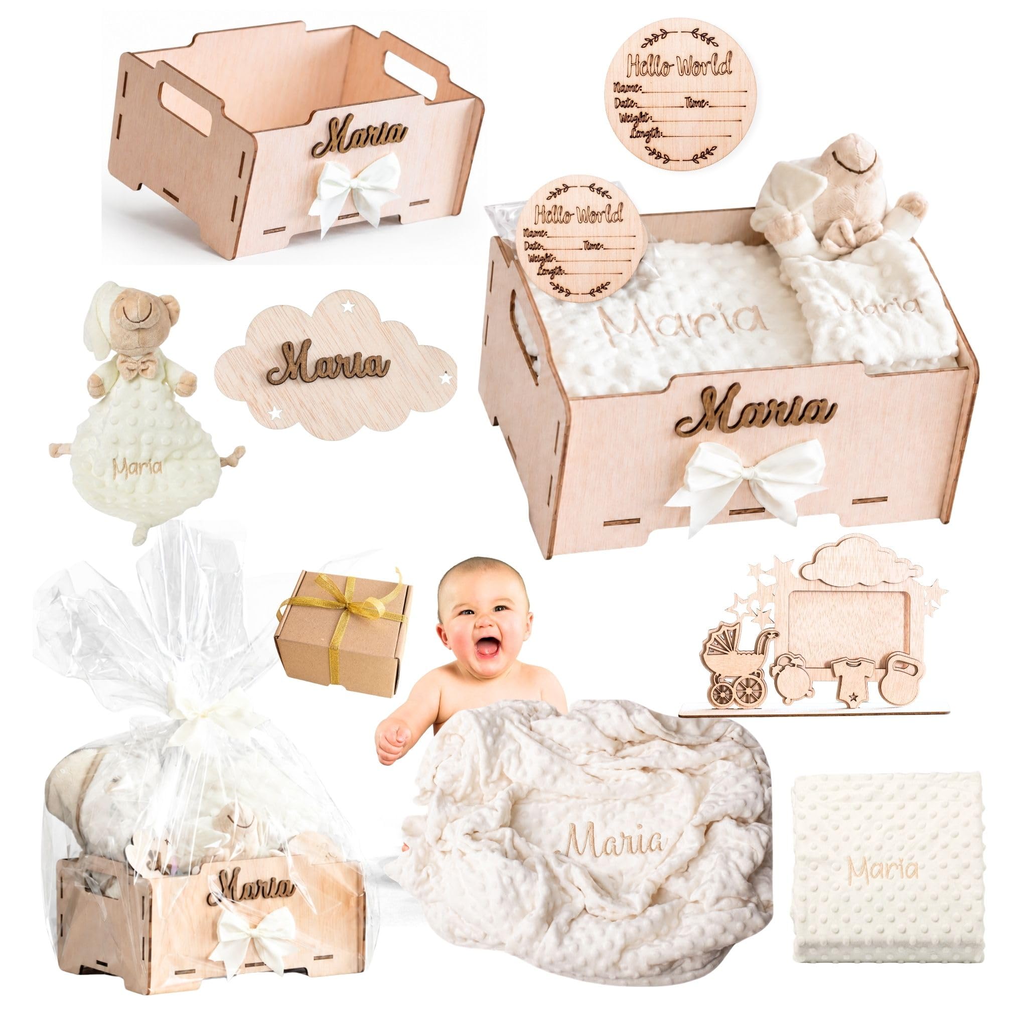 Geschenk für Neugeborene Jungen oder Mädchen | Babykorb mit Babydecke & Schmusetuch Geschenk zur Geburt, Taufe, Schwangerschaft, fürs Krankenhaus & Baby Shower | Personalisiert mit Namen + Holzbox