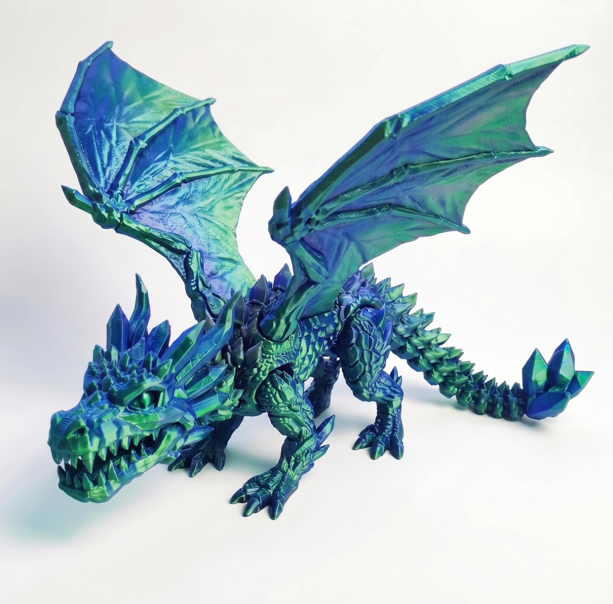 3D Printed Dragon with Wings Articulated Crystal Dragon Figurine 3D Printed Animals Fidget Desk Accessory for Home Office Decor (Green,S)