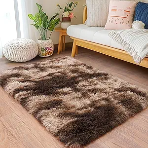 Small Rugs for Bedroom, Fluffy 2x3 Rug Throw Non Slip for Bedside Dorm Kids Room, Plush Comfy Shag Carpet for Home Decor Aesthetic, Tie-Dyed Brown