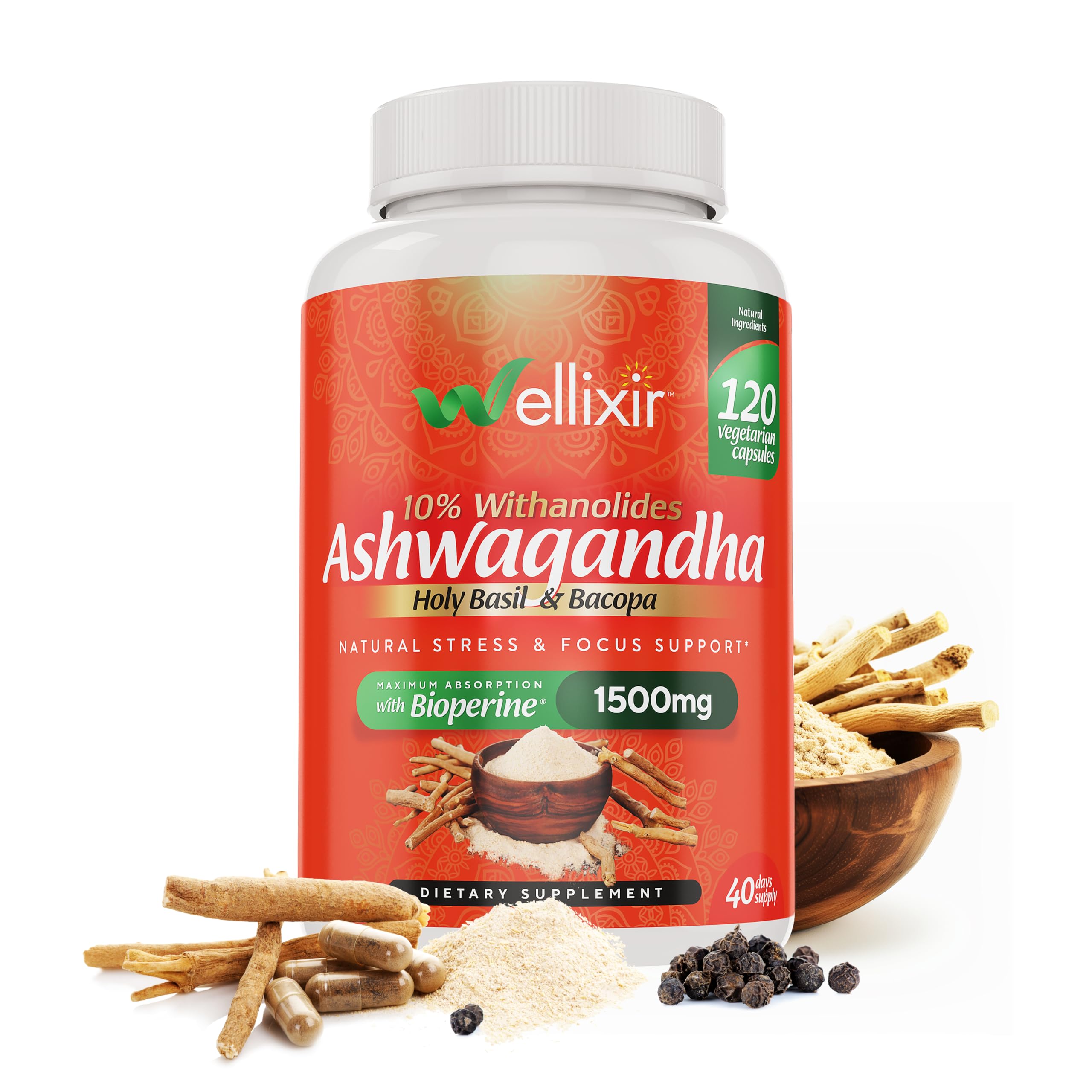 Ashwagandha Capsules - 10% Withanolides, Root Powder Extract, Herbal Supplement to Help Support a Natural Stress Relief, Sleep, Focus - 1500mg, for Men and Women -120 Count