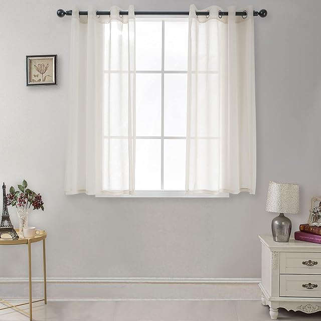 CUCRAF Solid Sheer Linen Look Voile Window Curtain, Eyelet Top Voile Short Curtain Drapes, 2 Panels (Linen Color, 55" W*54" L)
