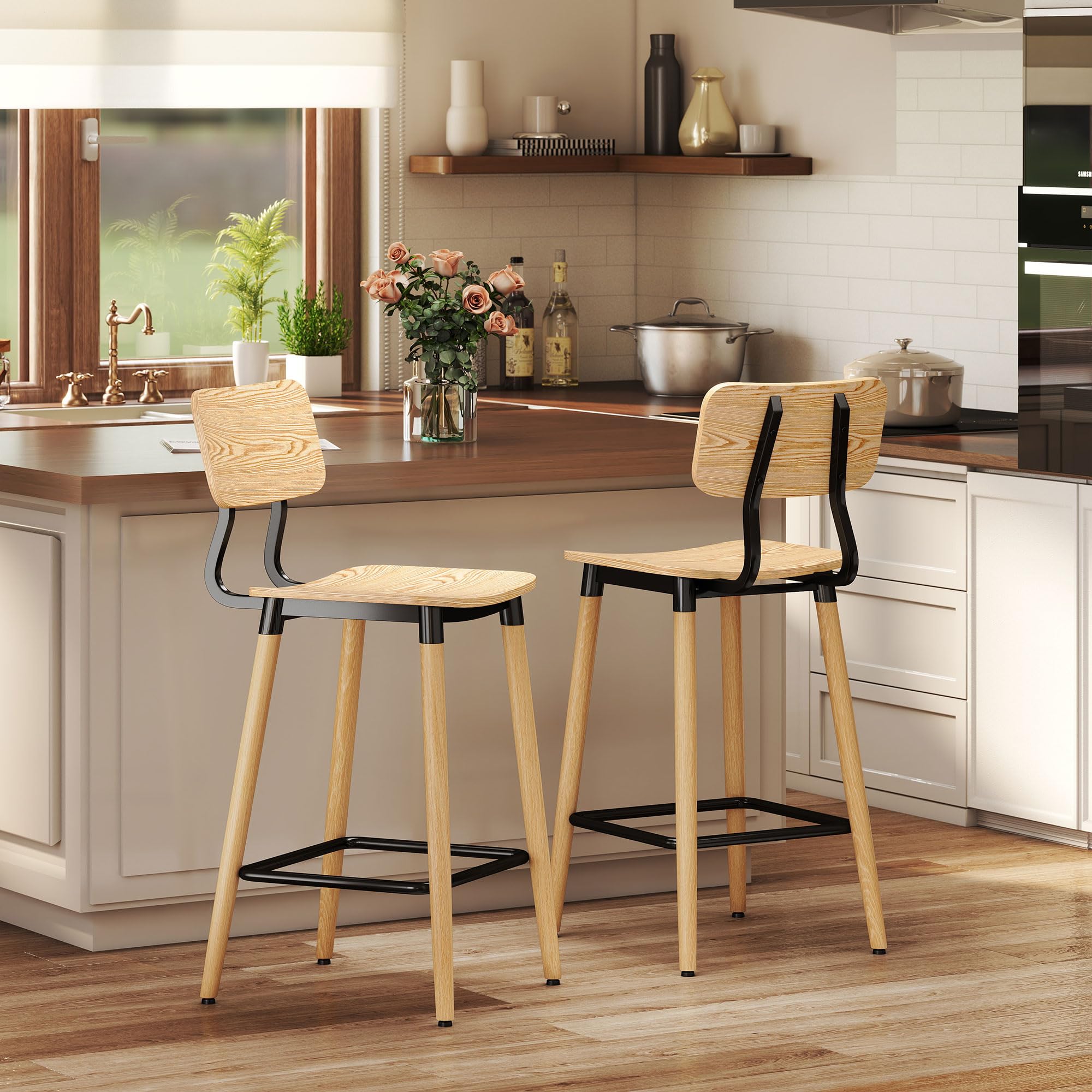 HOMCOM Barhocker 2er Set Barstuhl Tresenhocker mit Rückenlehne und Fußstütze, Küchenstühle mit Stahlbeine für Küche, Wohnzimmer, Esszimmer Natur