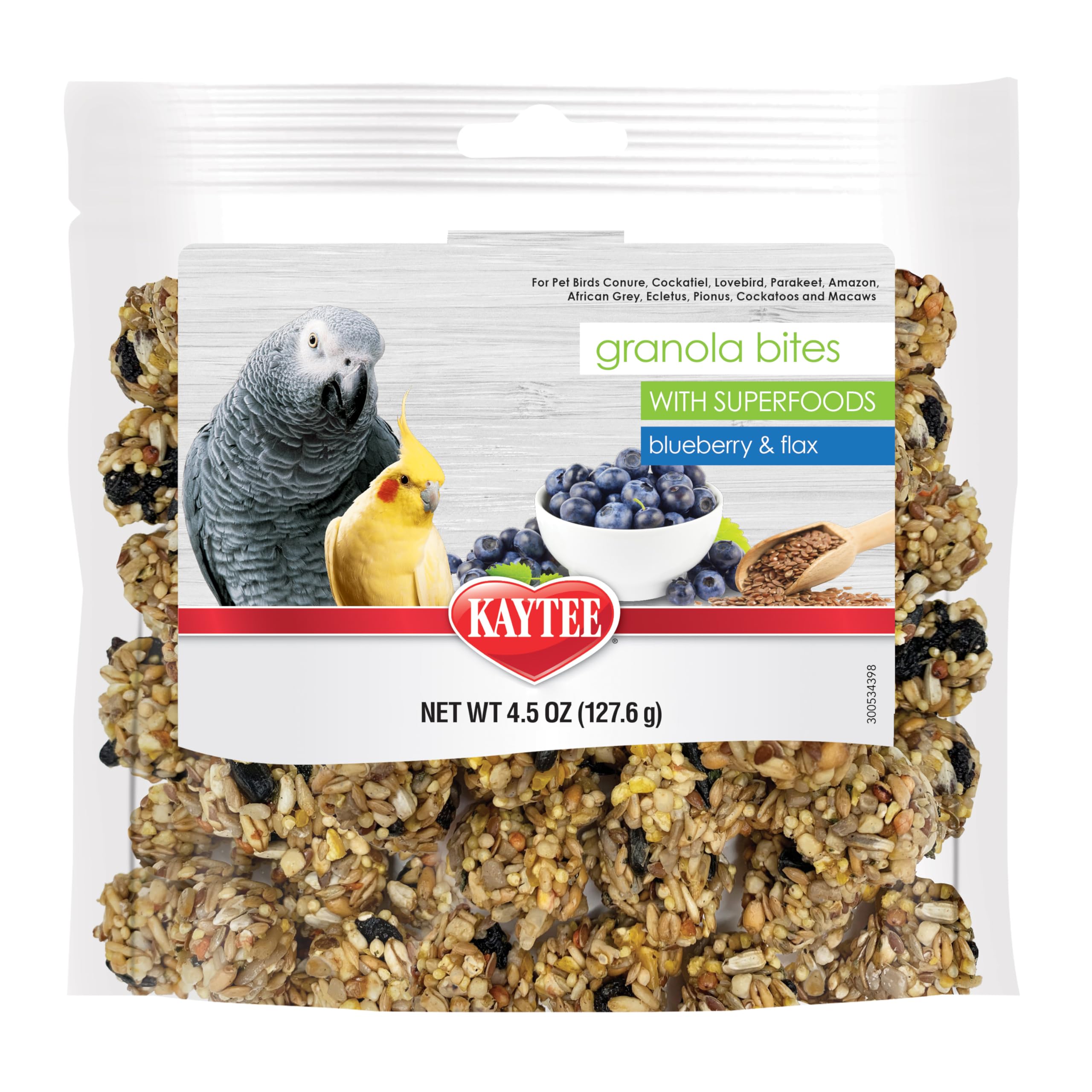 Kaytee Granola Bites with Super Foods Granola Bites and Flax for Pet Birds Conure, Cockatiel, Lovebird, Parakeet, Amazon, African Grey, Ecletus, Pionus, Cockatoos and Macaws, 4.50 Ounce (Pack of 1)