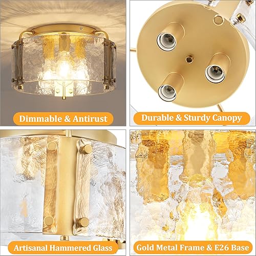 Miniatura 3 de TOULMJ Lámpara de techo semiempotrada, lámpara de techo dorada de 3 luces con pantalla de vidrio transparente, accesorio de iluminación Morden para