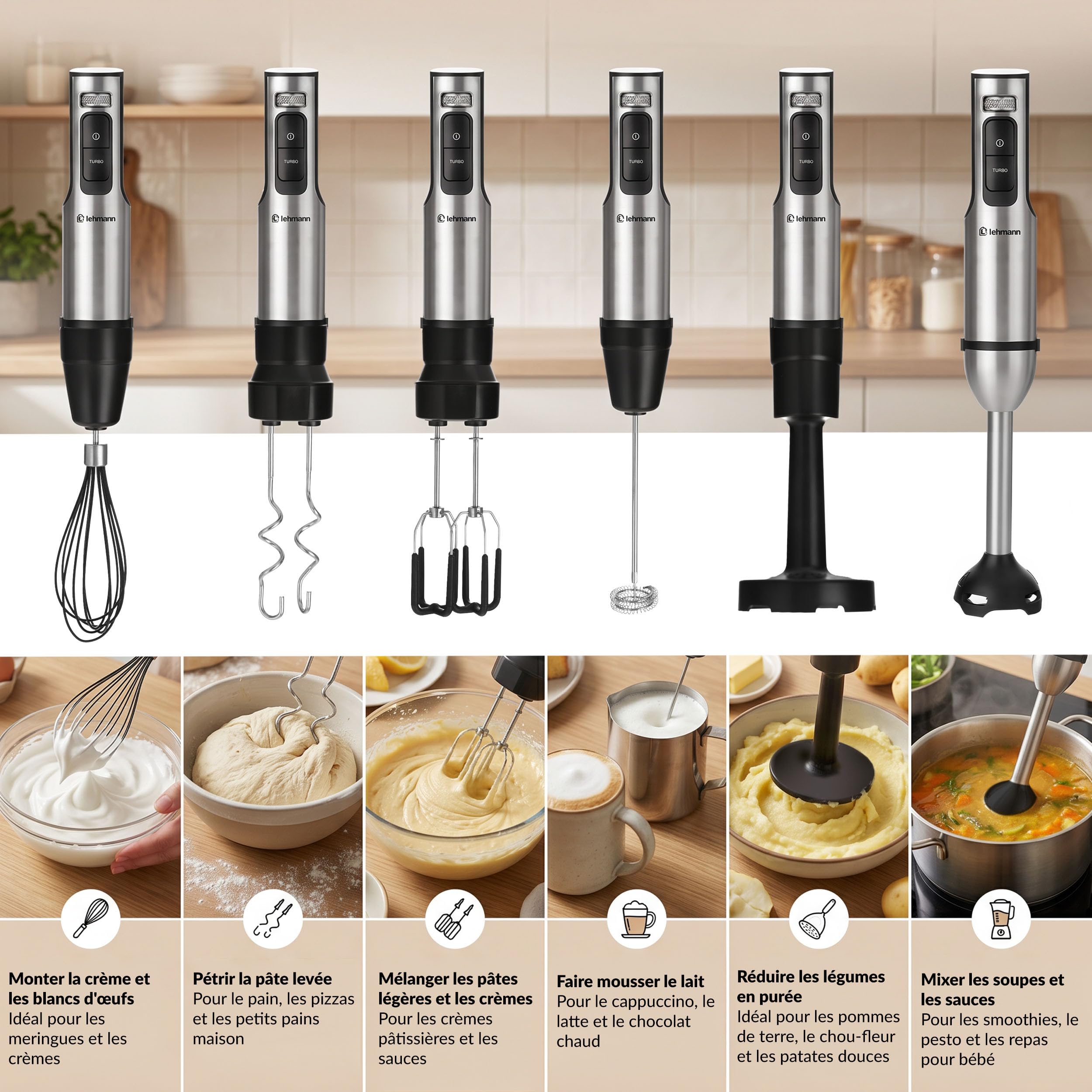 LEHMANN Mixeur Plongeant Multifonction 10 en 1, 2000 W, 12 Vitesses et Turbo, 12 Accessoires, Gobelet 800 ml, Hachoir 600 ml & 1500 ml, sans BPA, Écran Numérique Vitess, Protection Anti-rayure