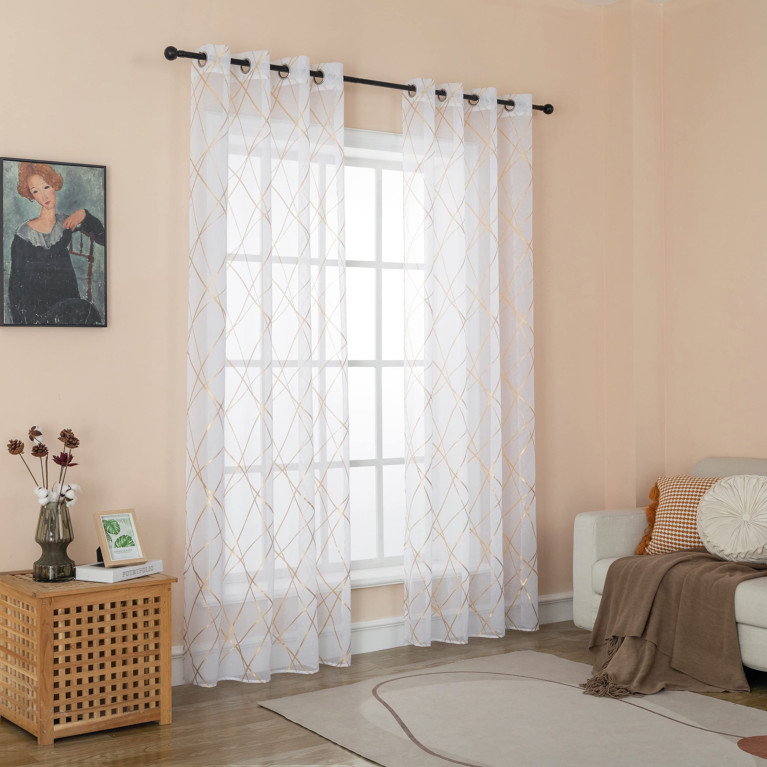 GIRASOLE HOME® Paire de rideaux en voile filtrant à motif géométrique doré, tenture blanche pour intérieur avec œillets, 2 panneaux (Géométrie or, 140 x 290 cm)
