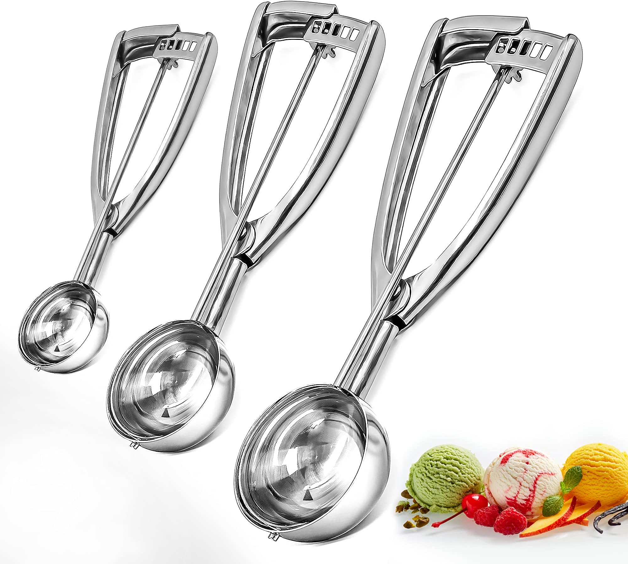 Ice Cream Scoops with Easy Trigger Set of 3 Large (6.3CM), Medium (5CM), Small (4CM) 304 Stainless Steel Ice Cream Scoop for Melon, Muffin, Sorbet, Cupcake, Meatball, and Cookie Dough Scoop