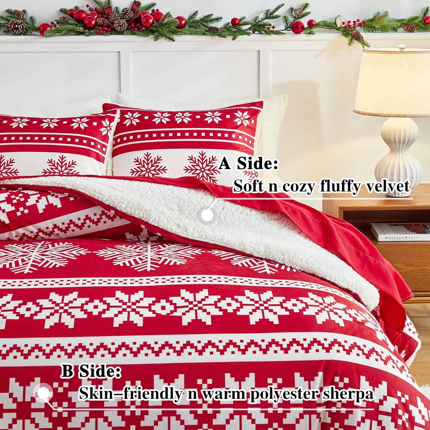Joyreap 3pcs Christmas Fluffy Velvet Sherpa Comforter Set, Red and White Snowflake Classic Design, Ultra Soft Warm Plush Bedding Comforter for Winter Cold Weather (Twin, 68x86 inches)