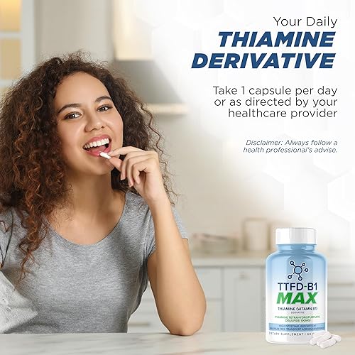 Miniatura 7 de TTFD Suplemento de tiamina B1 60 cápsulas fabricadas en Estados Unidos - Tiamina TTFD Vitamina B1 MAX, suplemento de alta potencia para energía y