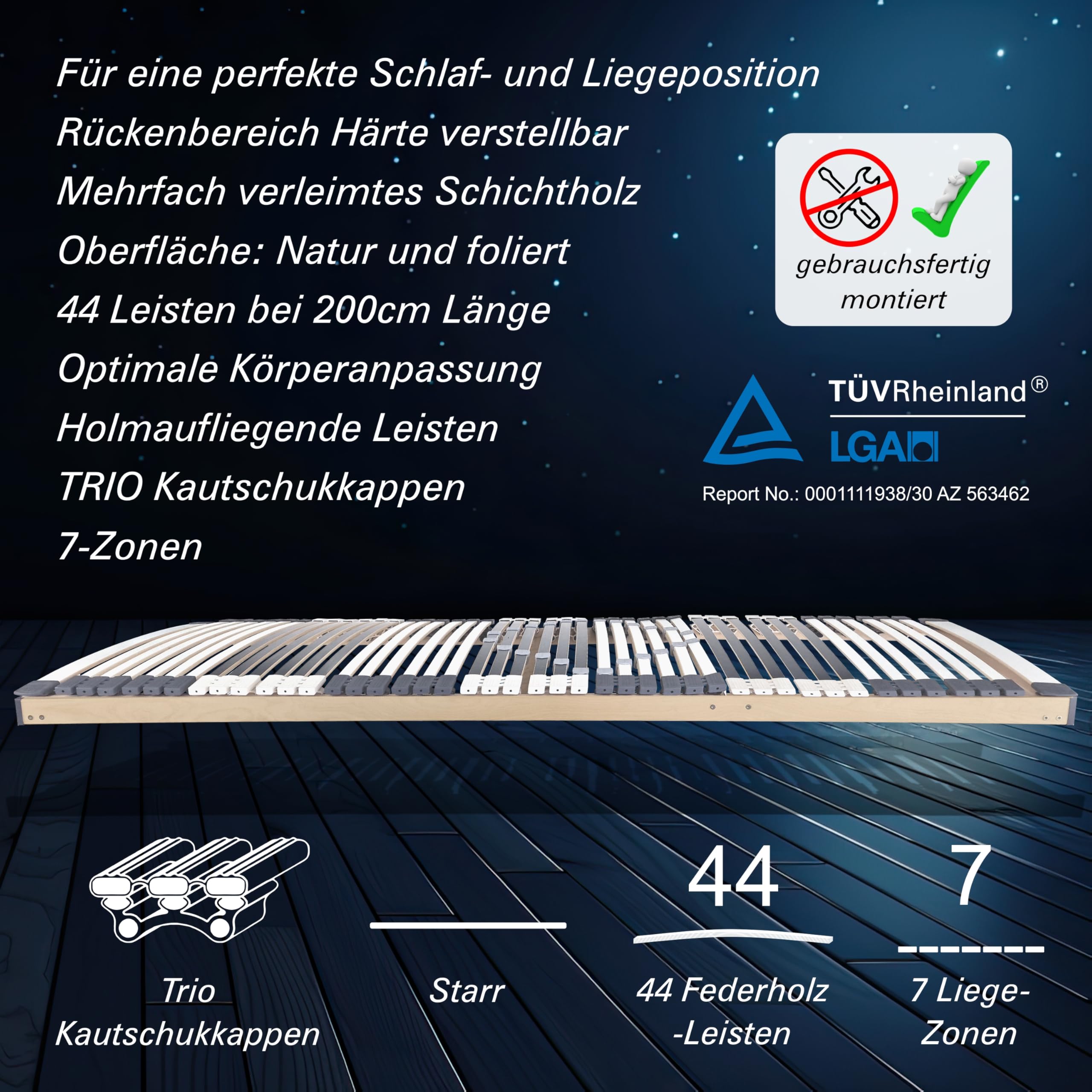Matratzen Perfekt 7-Zonen Lattenrost 90x200cm Starr 44 Leisten 8,5cm Hoch