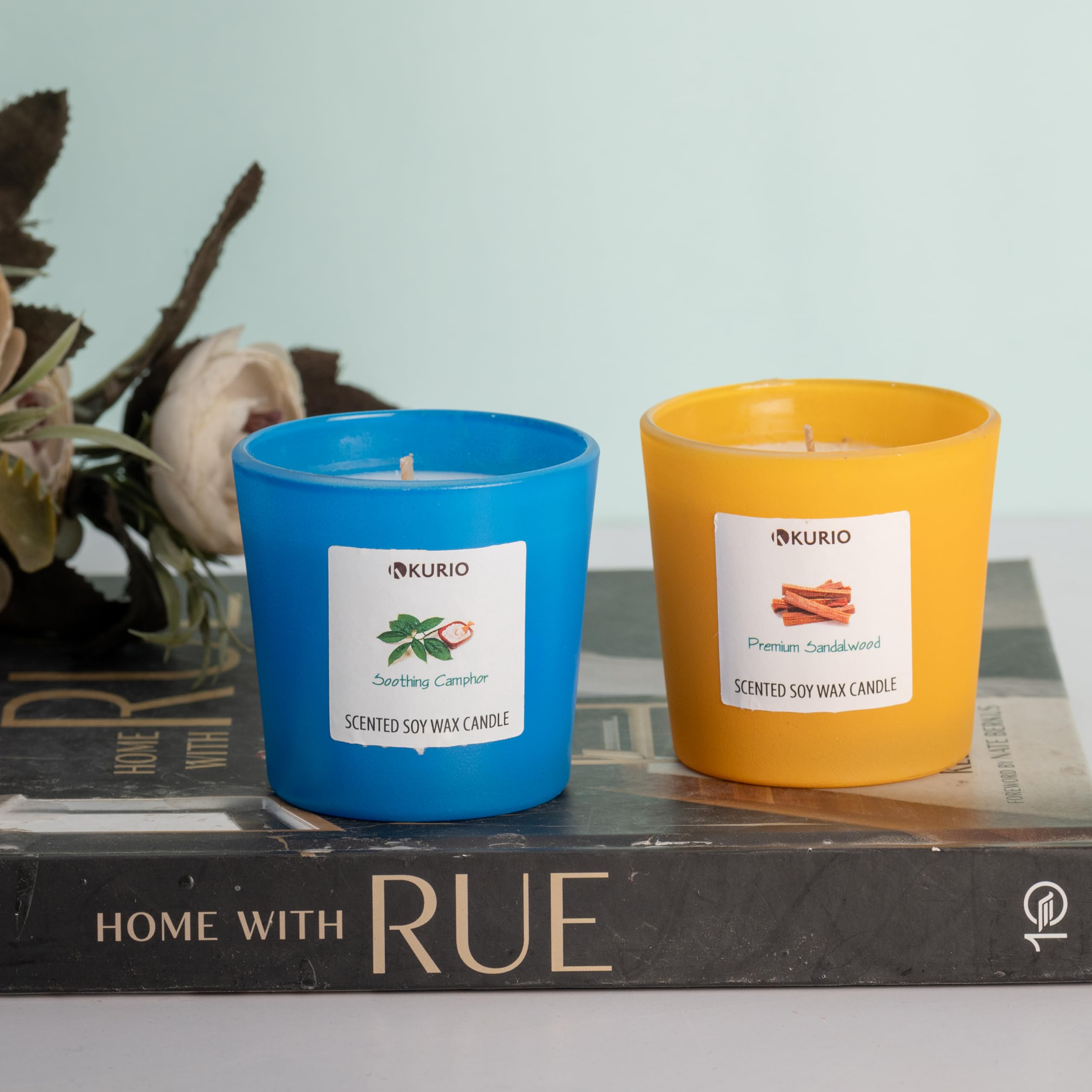 KURIO Aromatic Soy Wax Candle | Up to 7 Hours Burn Time, Alcohol-Free & Natural Fragrances for Relaxation | Ideal for Gifting, Home Decor, and Aromatherapy (Camphor & Sandalwood, Pack of 2)