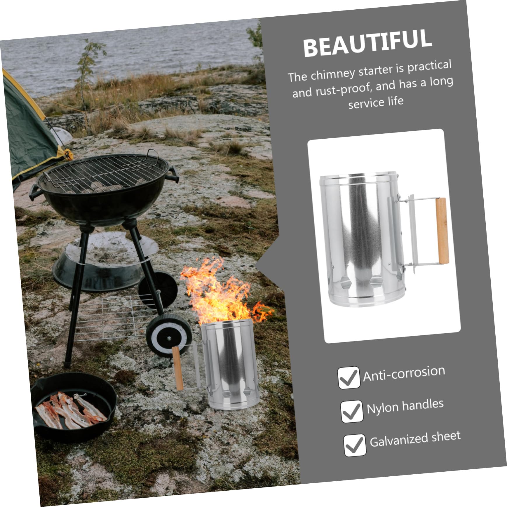 Abaodam Accenditore Carbone Barbecue da Esterno 1 Pz in Alluminio | Manico in Legno, Base Ampia, Accensione Rapida del Carbone, per Barbecue a Carbone