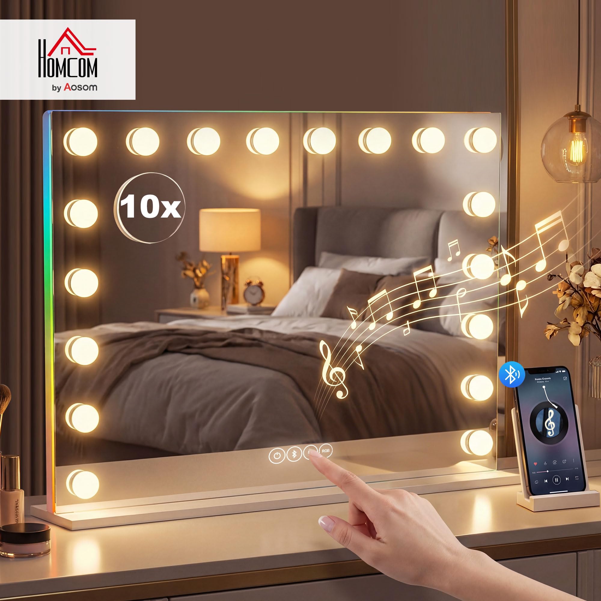 HOMCOM Miroir Maquillage Hollywood 80x60cm Miroir Coiffeuse LED 18 Ampoules dimmables 3 Couleurs d'éclairage lumière RGB Haut-Parleur Bluetooth grossissement 10x contrôle Tactile sur Table/sur Mur