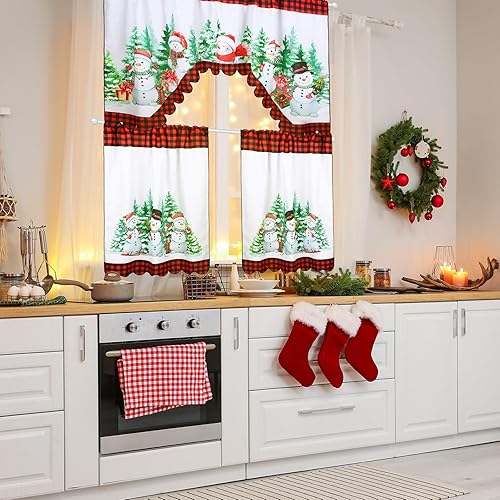 Miniatura 6 de Frienda Juego de cortinas de cocina de Navidad y cenefa, muñeco de nieve, árbol de Navidad, búfalo, cortinas de Navidad a cuadros para dormitorio,