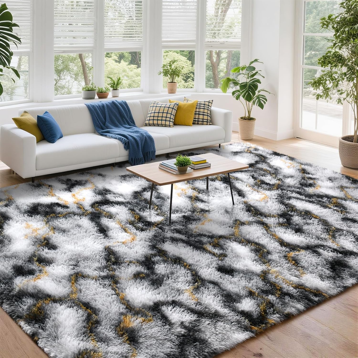DweIke Fluffy Black White Gold Rugs for Bedroom Living Room, 4x6 Feet Soft Plush Shaggy Tie-Dyed Girls Boys Kids Rug, Upgraded Non-Slip and Machine Washable Carpet for Dorm Nursery Classroom Decor - Image 3