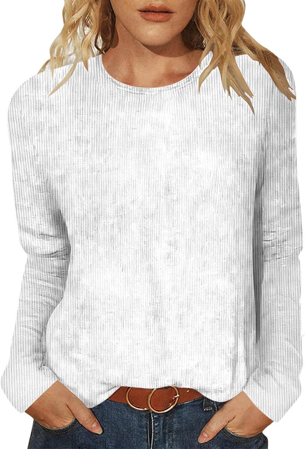 Corduroy Tops for Women Fashion Crewneck T Shirt Trendy Dressy Casual Long Sleeve Blouse Loose Soft Pullover Shirts