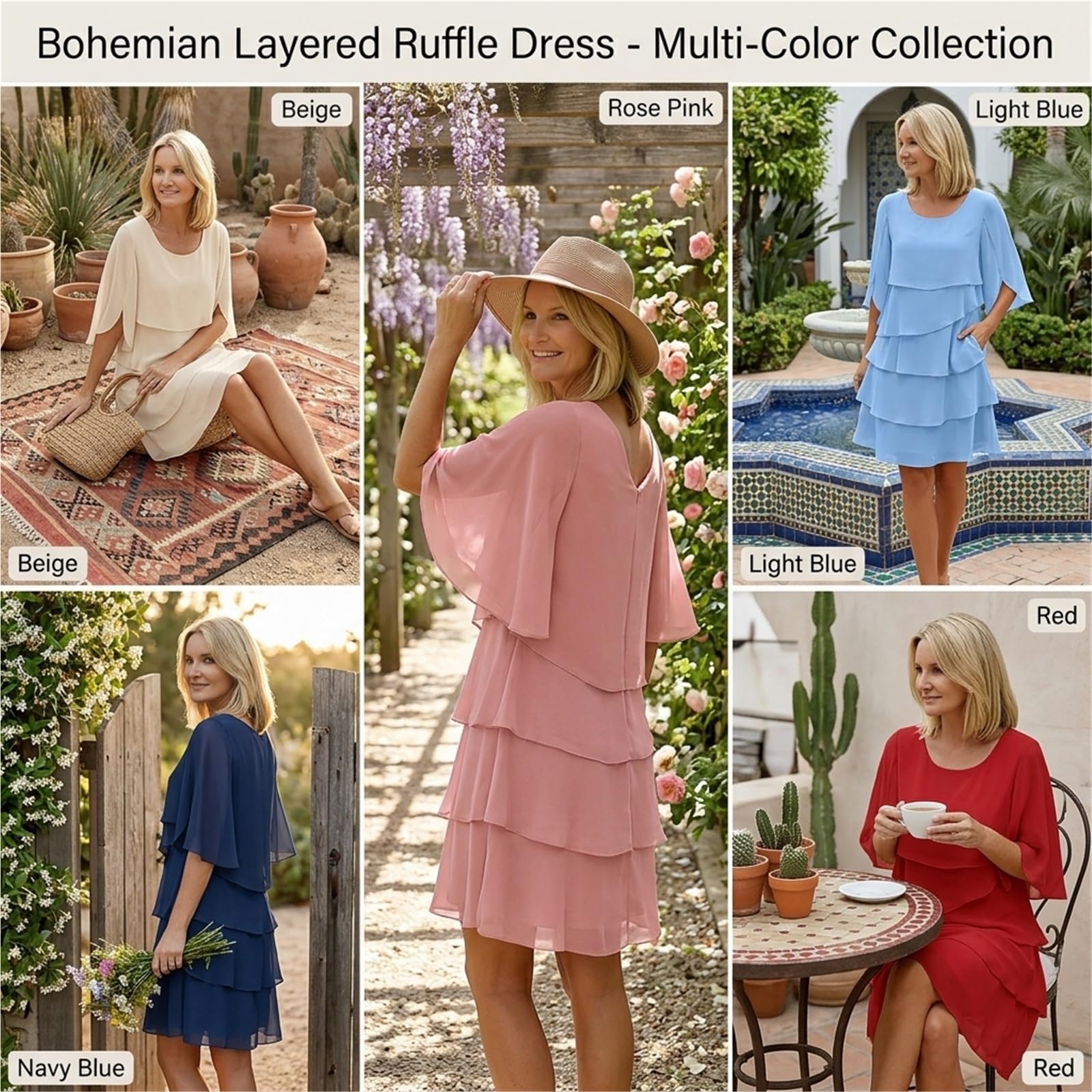 Abito in Chiffon Donna Elegante Midi con Volant, Vestito a Strati Manica a Campana 3/4, Abito Fluido per Invitata a Matrimonio Cocktail Cerimonia e Feste