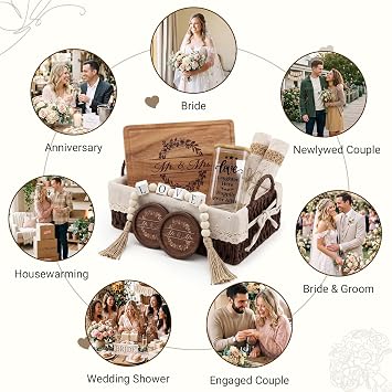Mr and Mrs Wedding Gifts for Couple, Newlywed Gift Basket Set with Wooden Tray, Glass Jar, Coasters, LOVE Bead Garland and Linen Placemats, Bridal Shower Engagement Gifts for Newlyweds