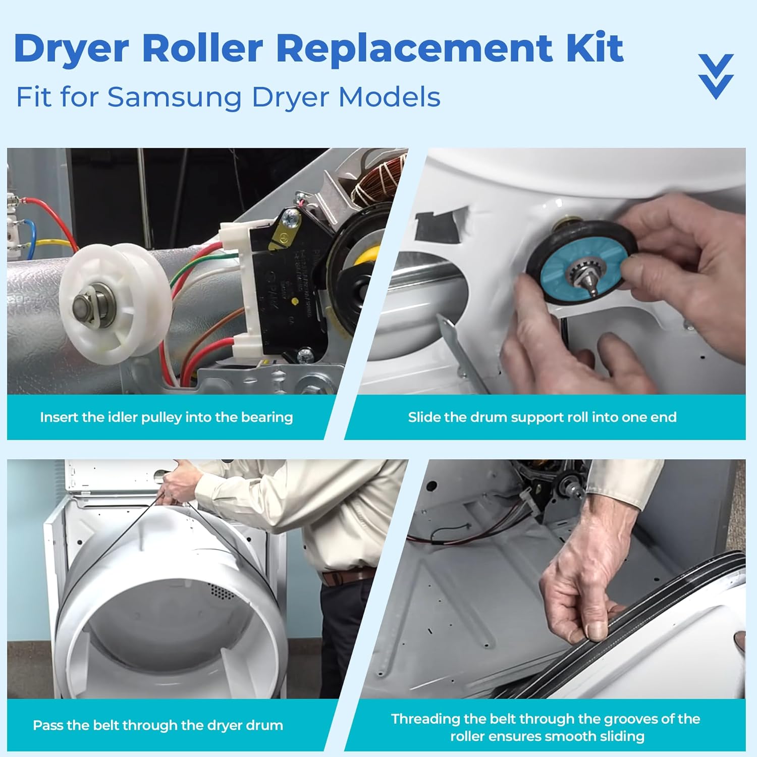 【UPGRADED】 DC97-16782A Fit for Samsung Dryer Roller Replacement Kit, Iclude DC93-00634A Dryer Idler Pulley, 6602-001655 Dryer Belt | High-Temperature & Wear-Resistant Materials By NISHCON