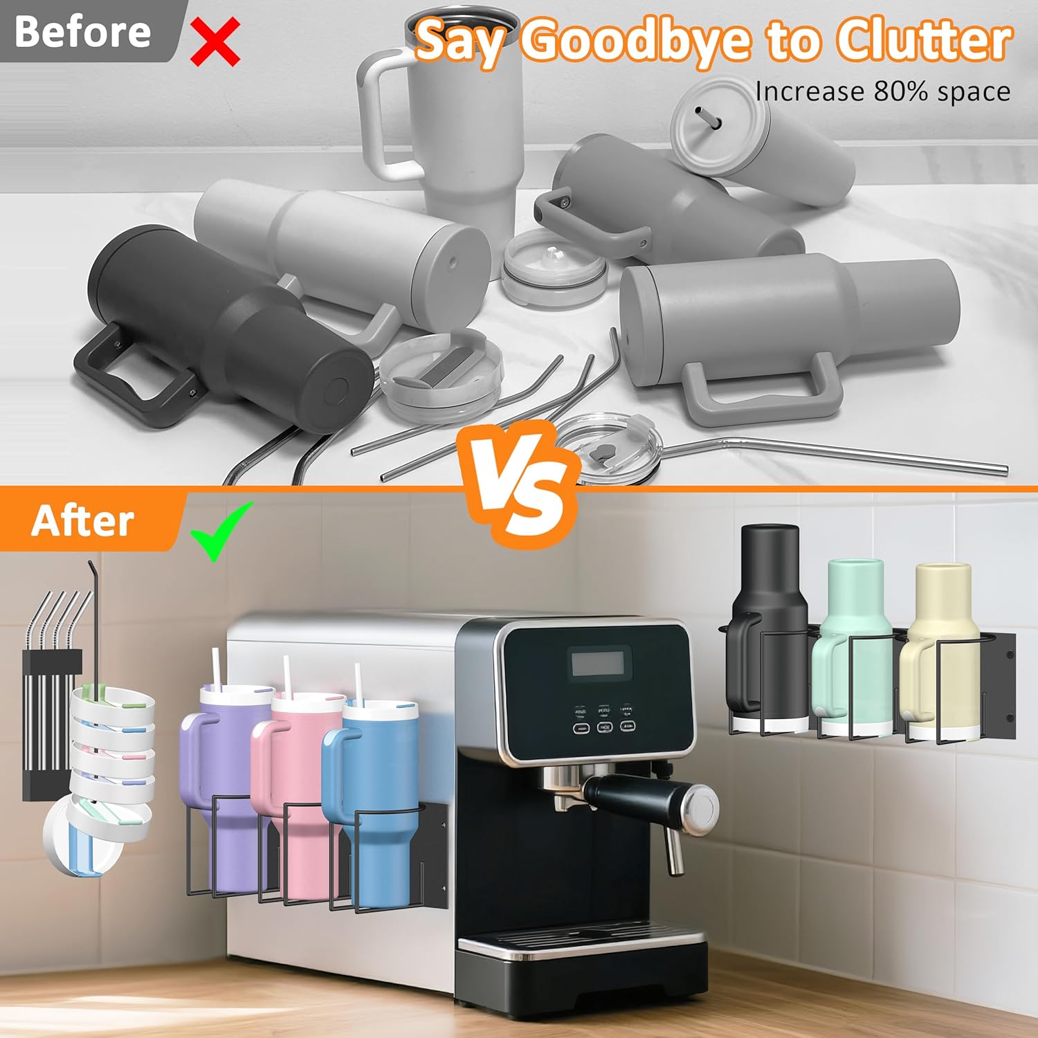 Magnetic Stanley Cup Holder for Fridge - Water Bottle Organizer for Stanley 40 oz Tumblers with Tumbler Lid Organizer & Straw Holder, & 3 Pack Stackable Water Bottle Organizer