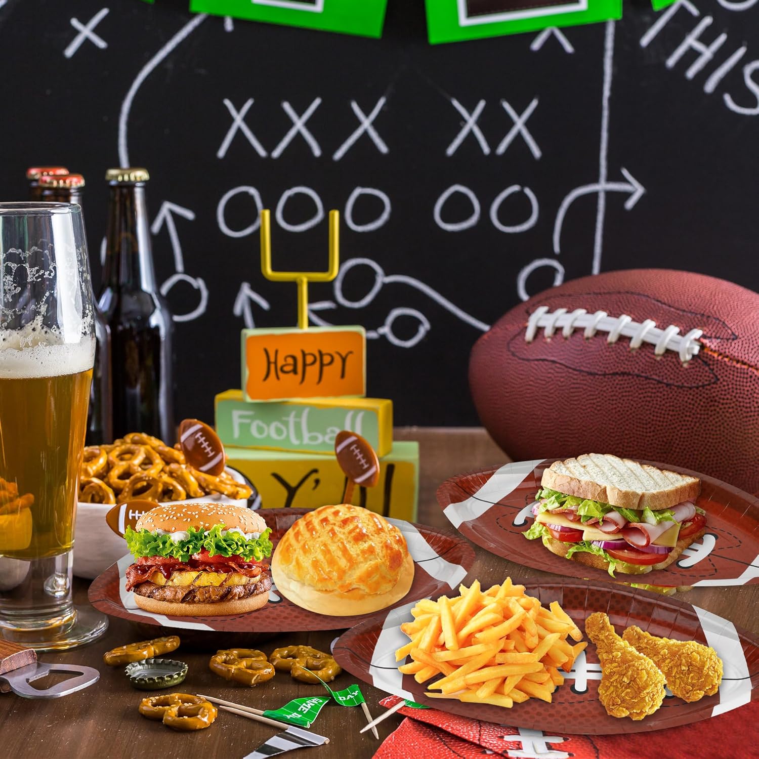 QZYL 100 PCS Football Party Decorations, Large Shape Plates, Touch Down Party Decorations, Disposable Party Supplies for Touchdown Birthday Themed