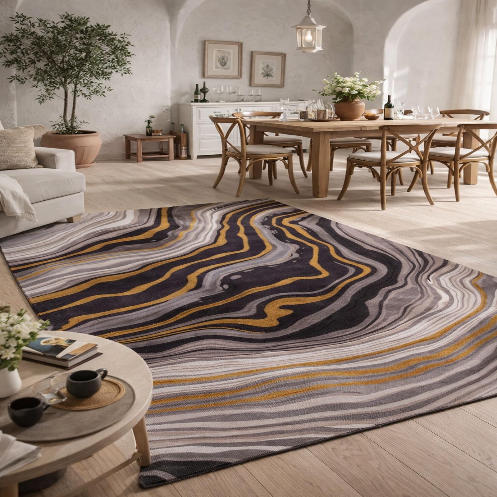 Alfombras de pelo corto Rururug de 100x160 cm con diseño moderno abstracto color dorado
