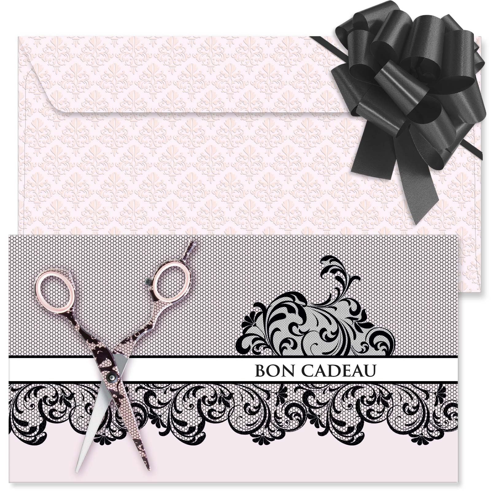 POS BON - 50 bons cadeaux à remplir avec enveloppe/nœud ruban - formulaires imprimés pour des salons de coiffure K1279F-2-50-V1